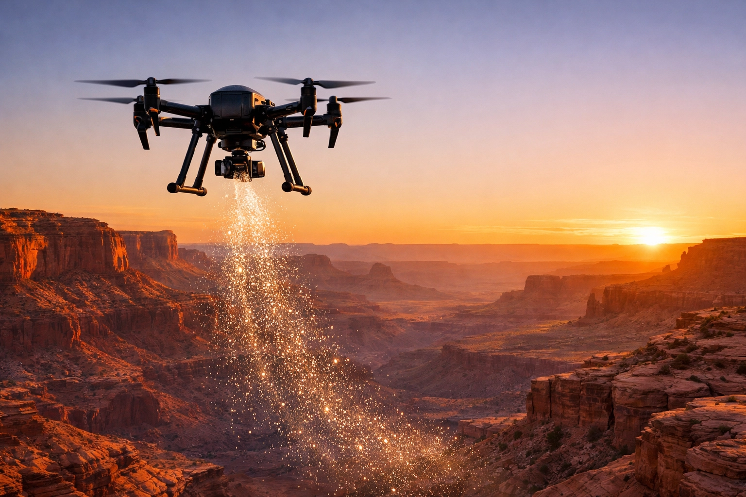 Professional drone ashes scattering over a desert canyon at sunset, a dignified memorial service in the USA.