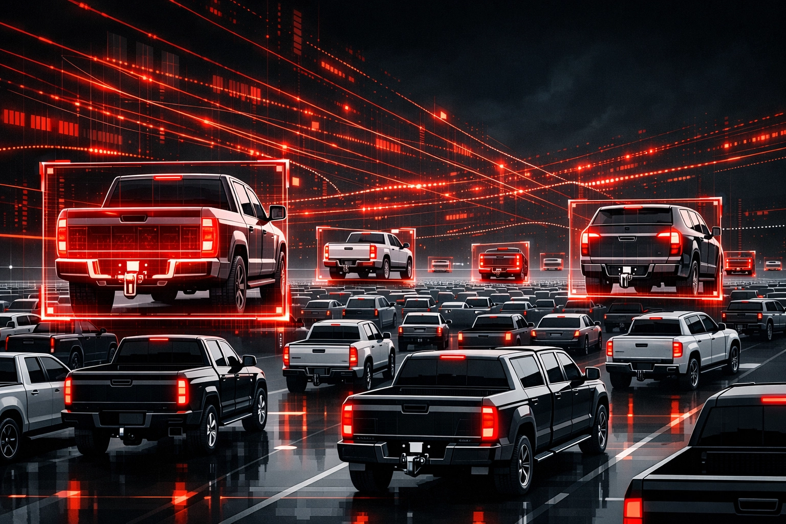 Digital grid of trucks representing the massive scale of Ford vehicle recalls for service departments.