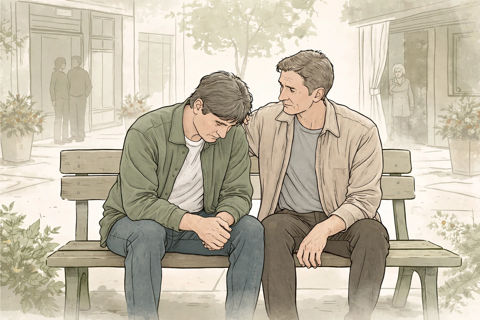 Middle-aged gay couple sits on a bench in a small-town square, facing scrutiny and gossip in a heartfelt MM romance scene.