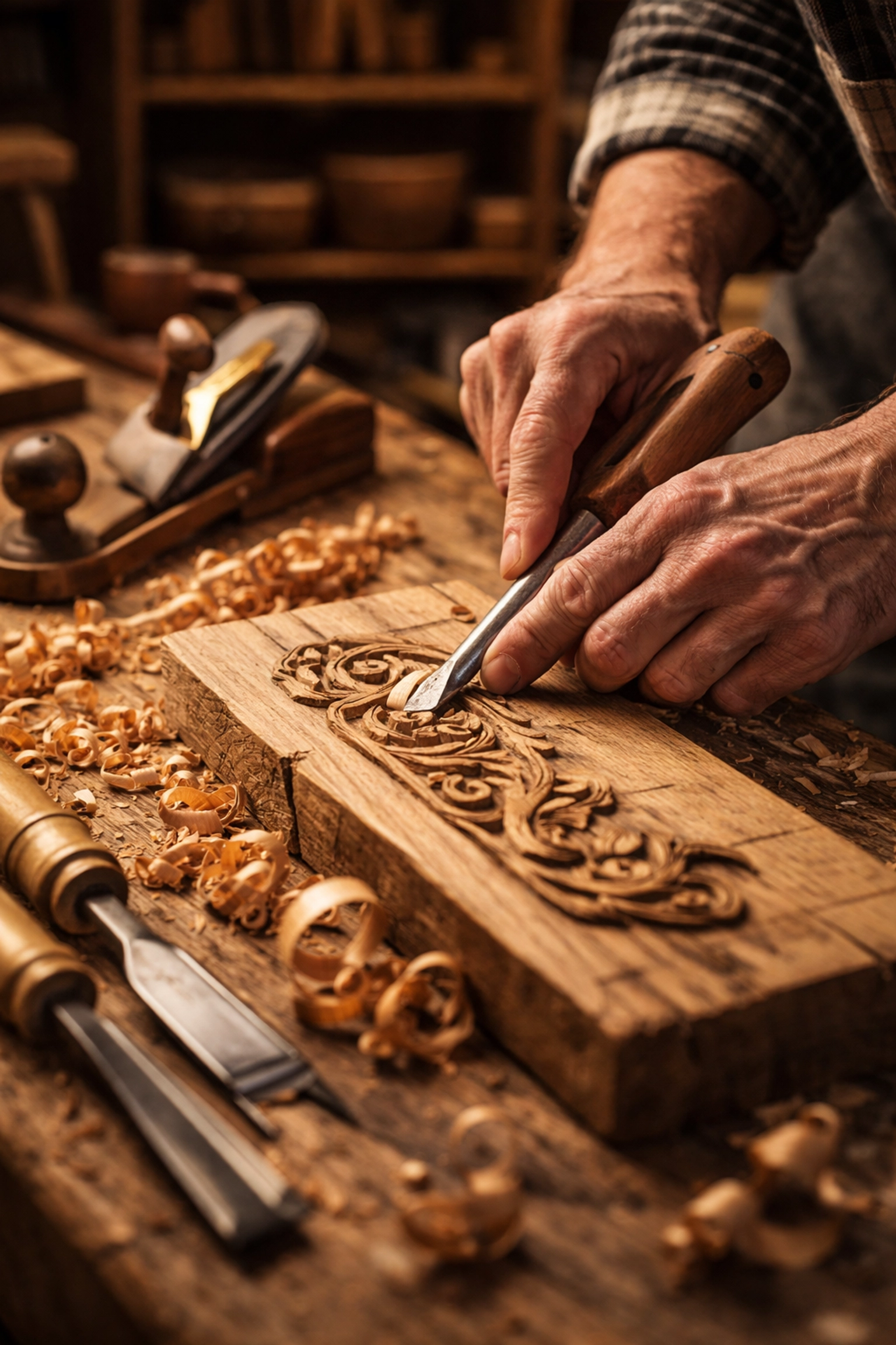 Close-up of artisan woodworker carving detailed oak decor, emphasizing craftsmanship and durable handmade pieces.