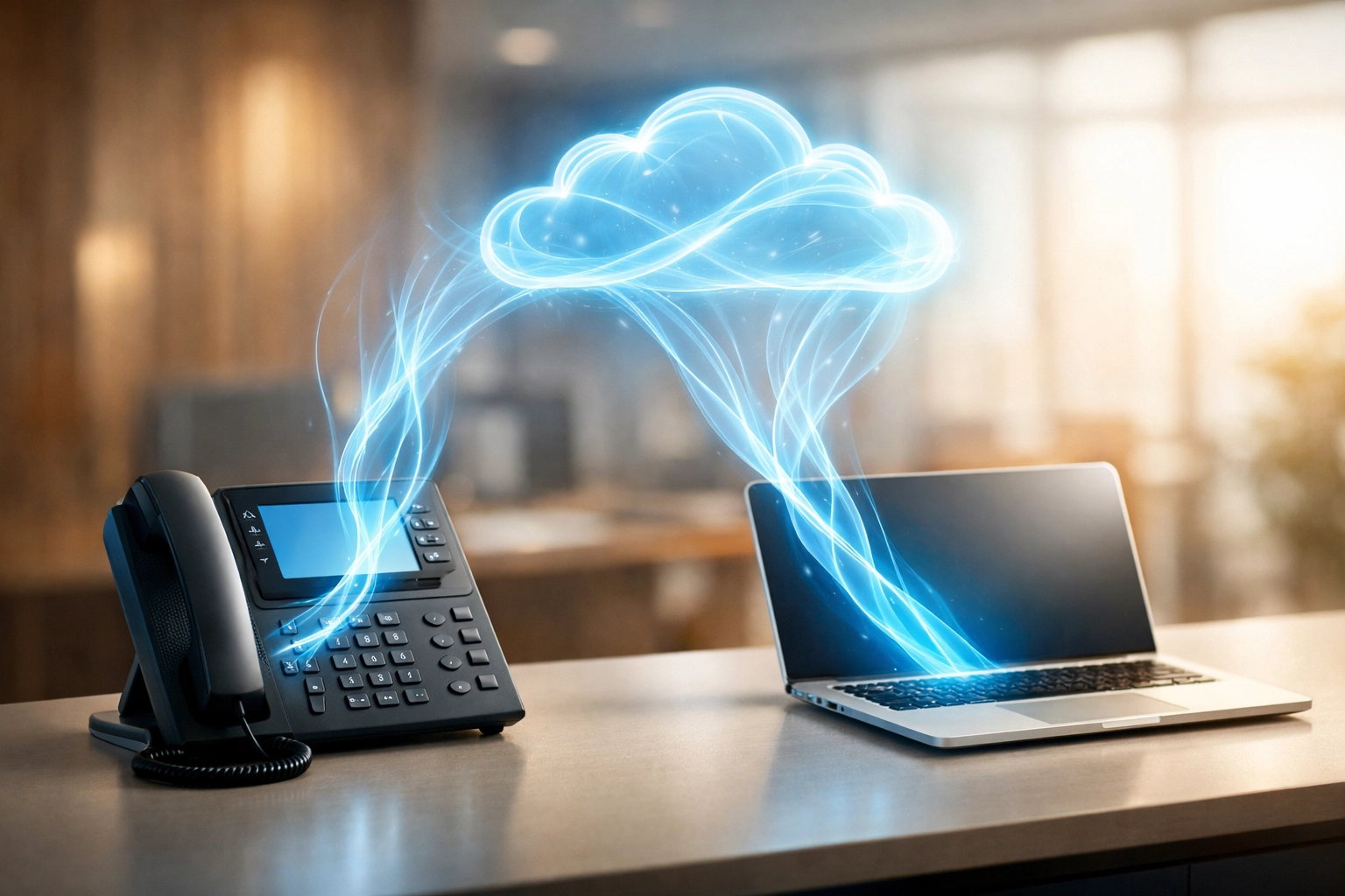 Modern office desk with IP phone and laptop connected to cloud PBX Canada solutions.