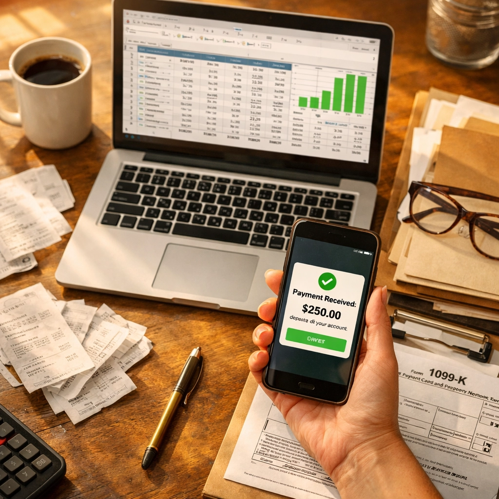 Small business owner reviewing 1099-K tax form with receipts and financial records on desk