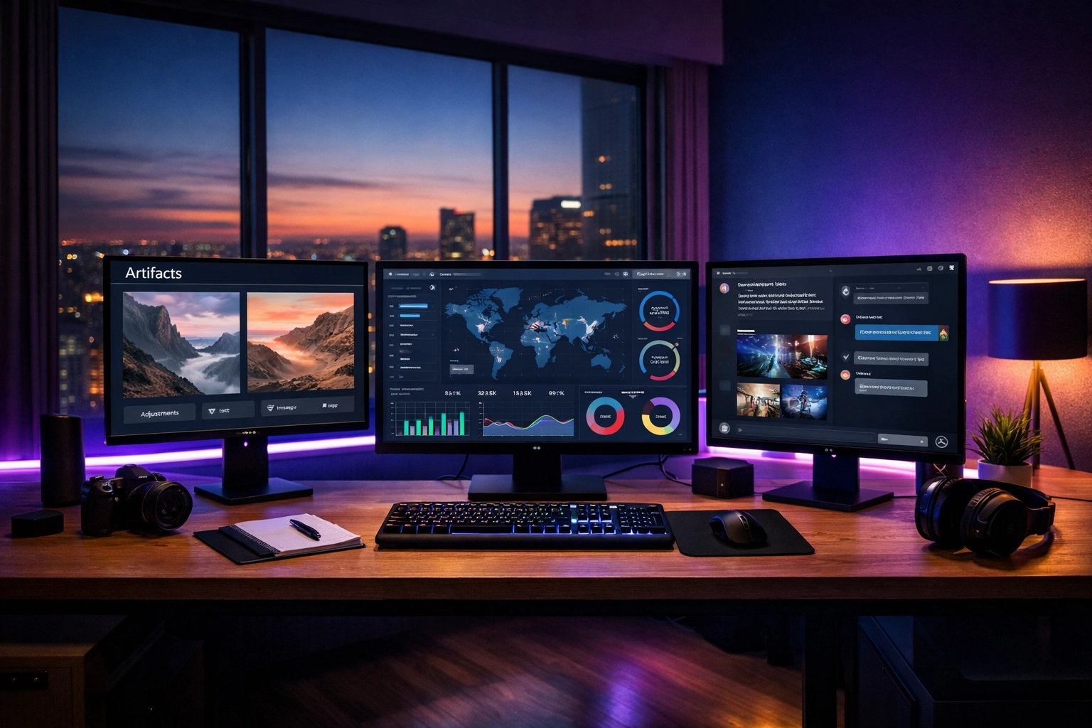 A modern workspace with multiple monitors showing AI content creation workflows and productivity tools.