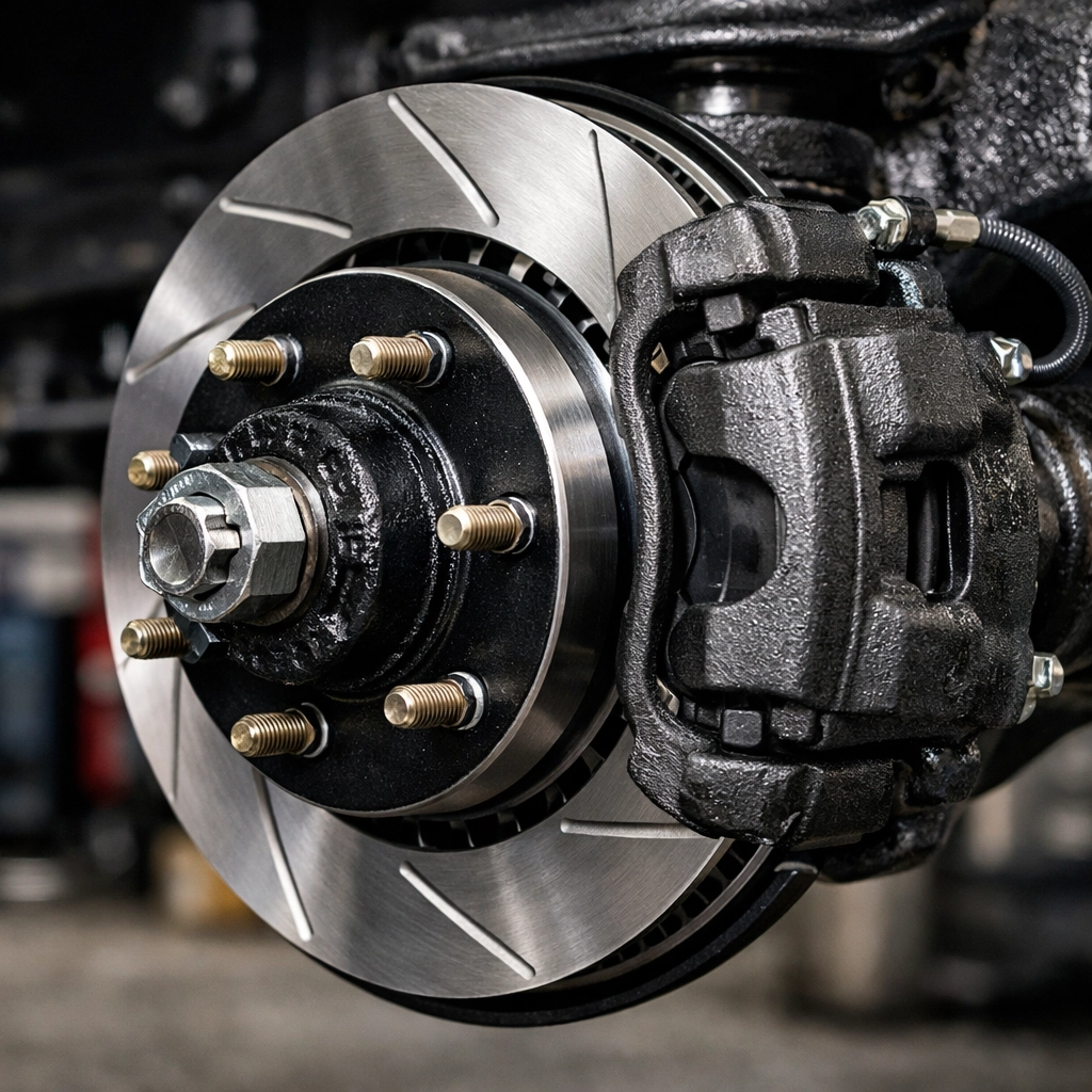 Front disc brake conversion with ventilated rotors and heavy-duty calipers for an Early Ford Bronco.