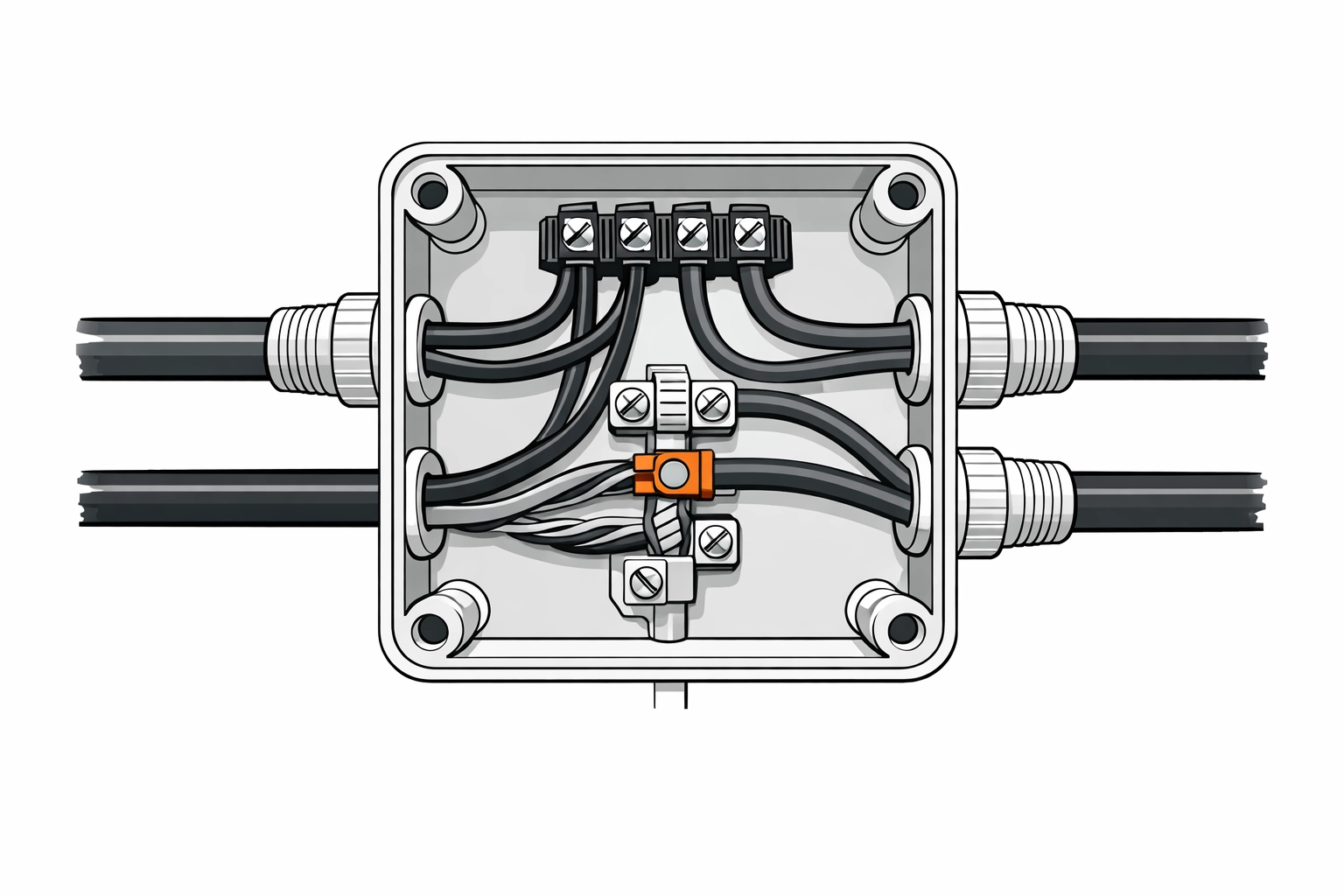 Technische Illustration der klassischen Nullung in einer Abzweigdose.