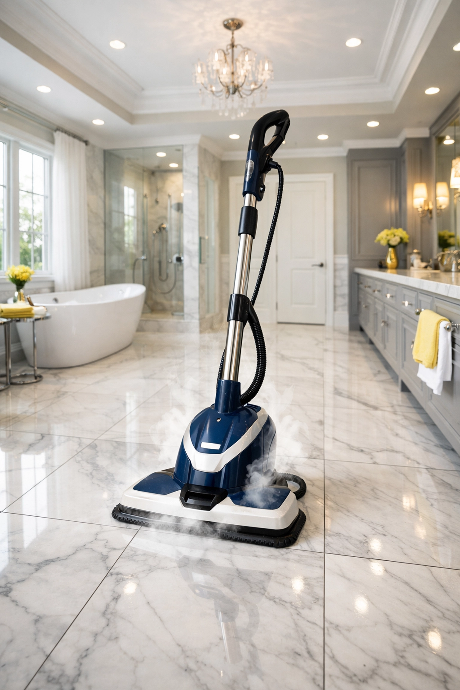 A professional steam cleaner sanitizing marble tiles to clean grout in a bathroom floor.