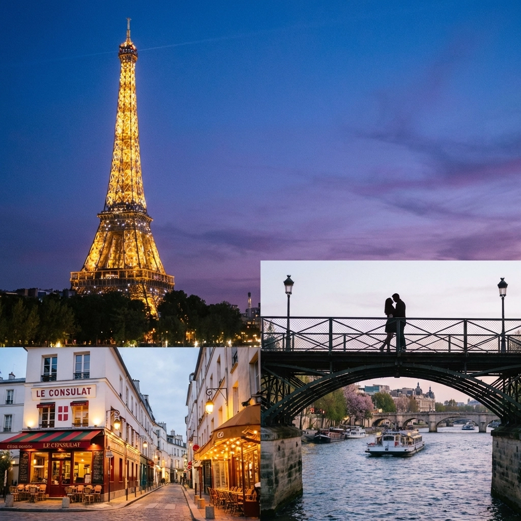 Romantic twilight view of the Eiffel Tower sparkling above the Seine, perfect for a Valentine's Day getaway in Paris