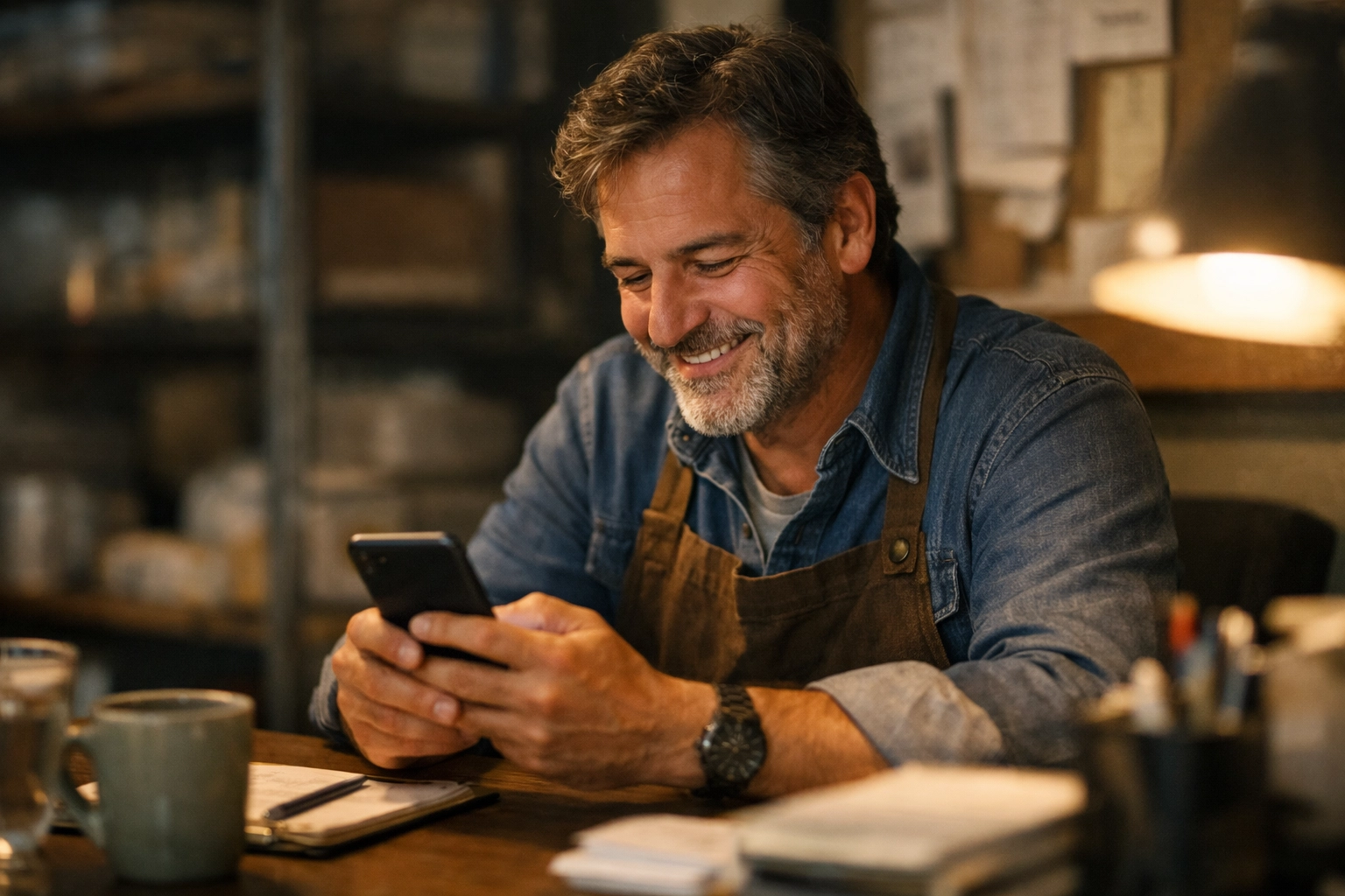 Realistic, cinematic scene of a local business owner using a phone at a small desk, captured in warm documentary-style lighting.