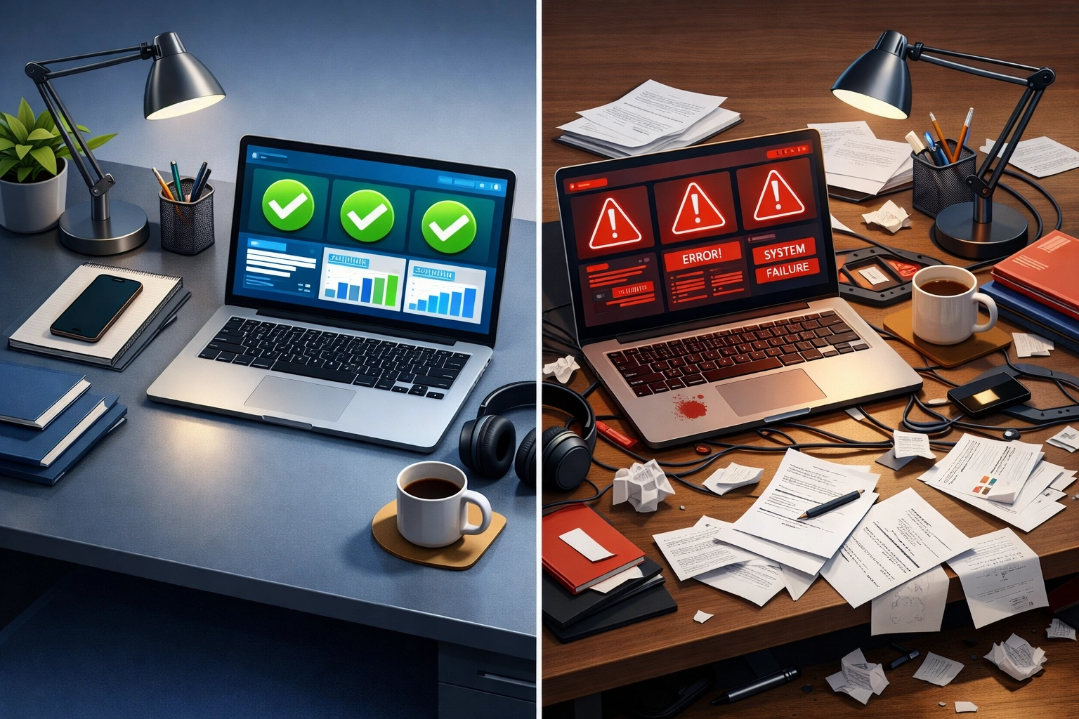 Compliant ServiceNow workspace with organized dashboards vs non-compliant setup with warning indicators