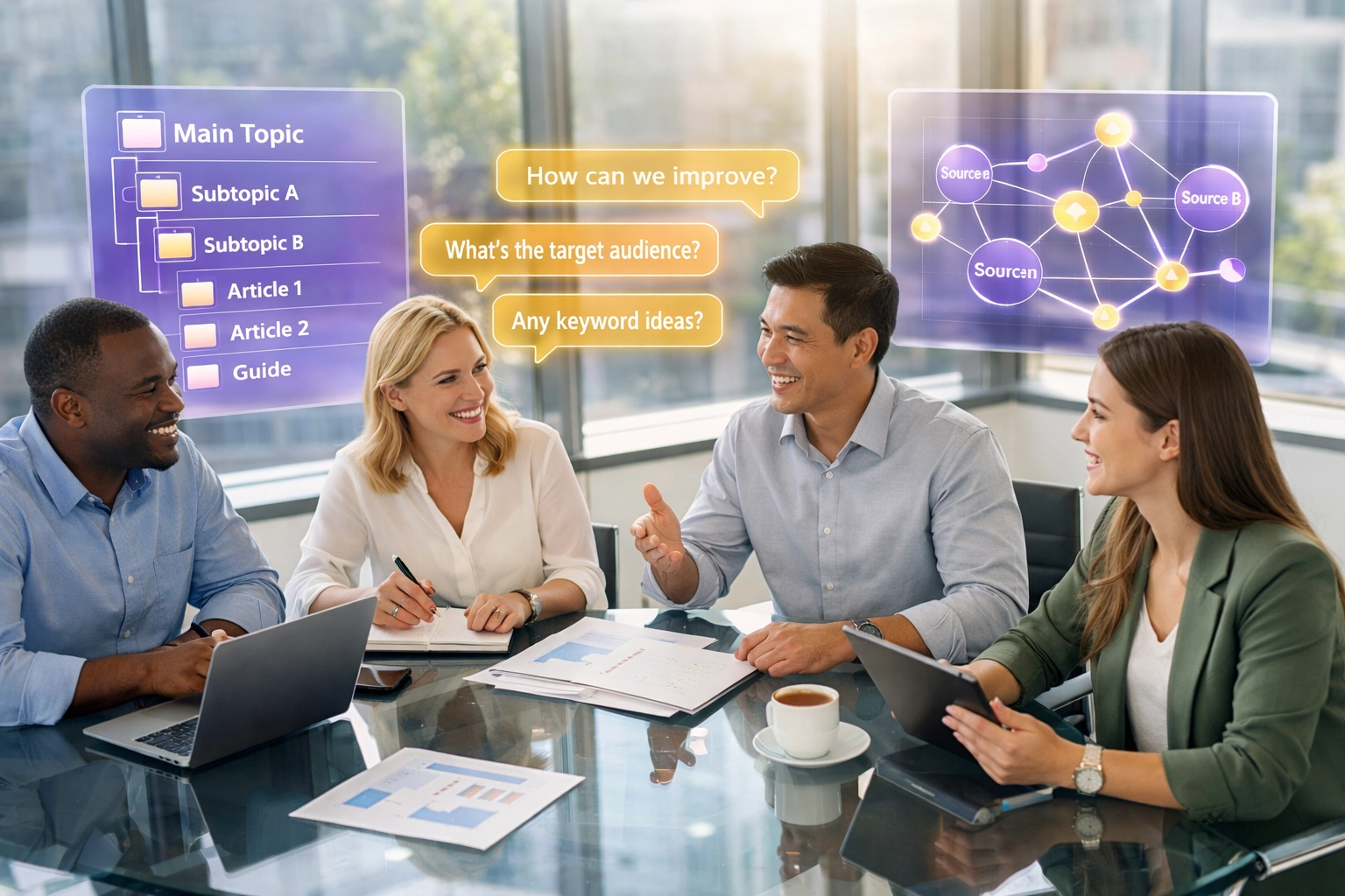 Marketing team collaborating on AI-optimized content structure and citation strategy