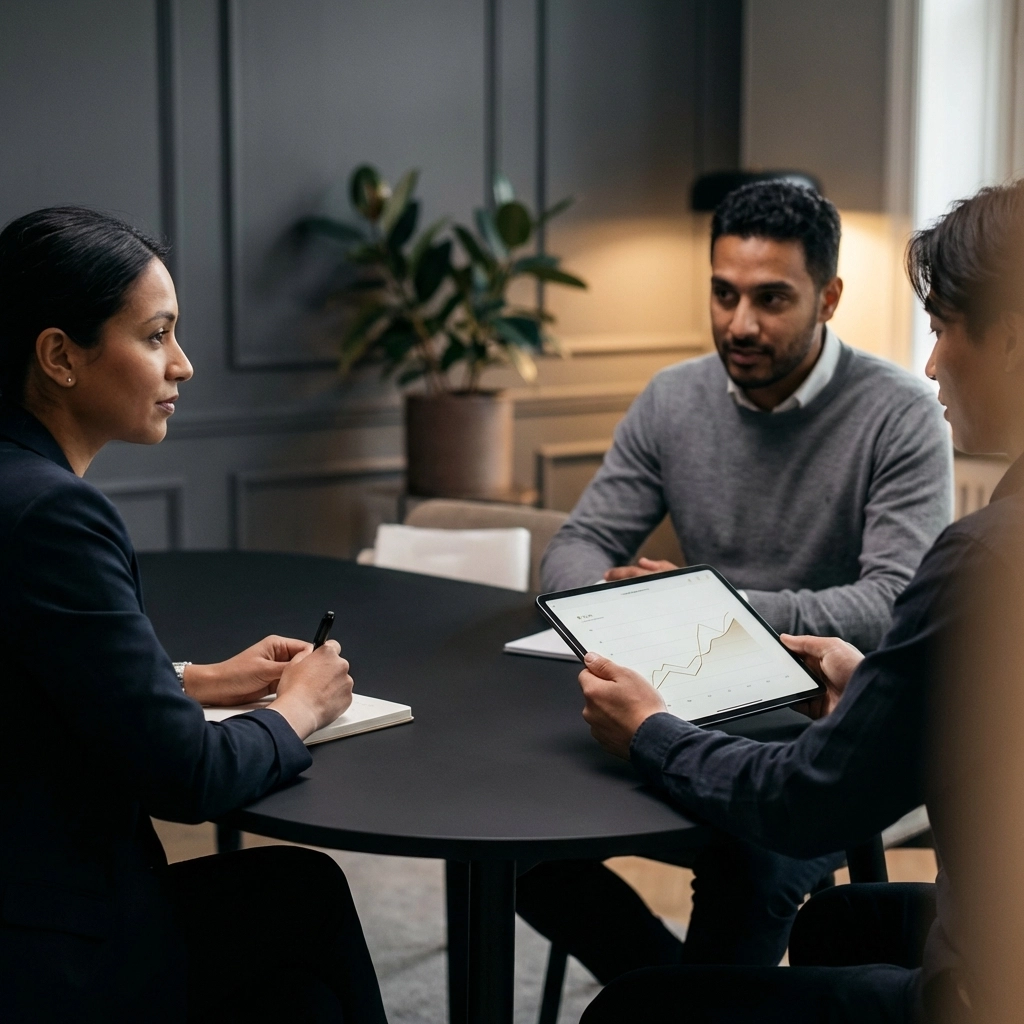 Diverse business professionals collaborating with AI workforce solutions at a matte black table