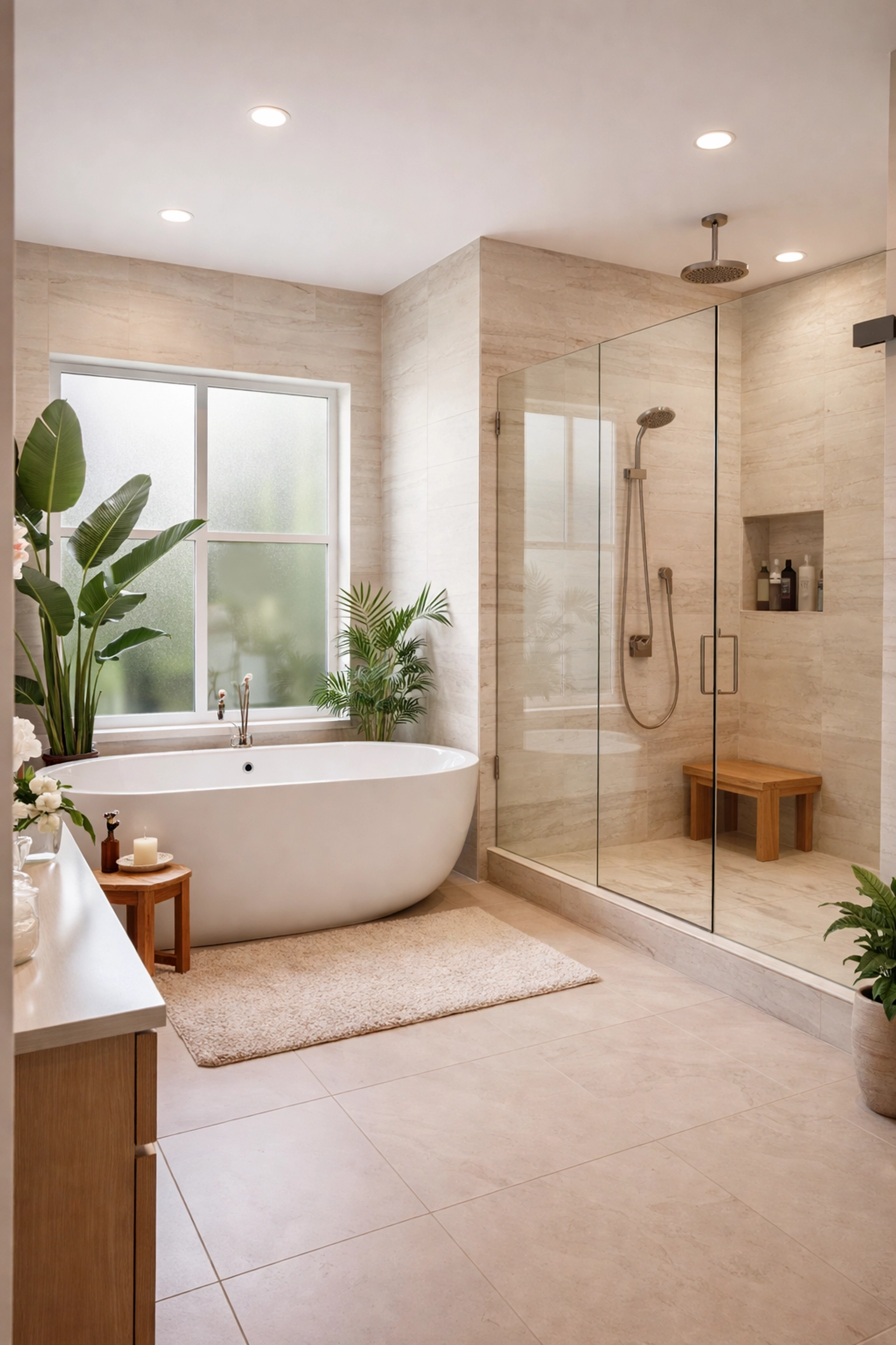 Spa-like bathroom renovation in Orlando home with freestanding tub and natural stone finishes