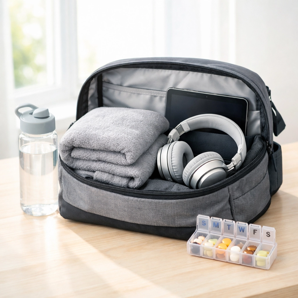 A prepared dialysis transportation go-bag with a blanket and essentials for a comfortable medical ride.