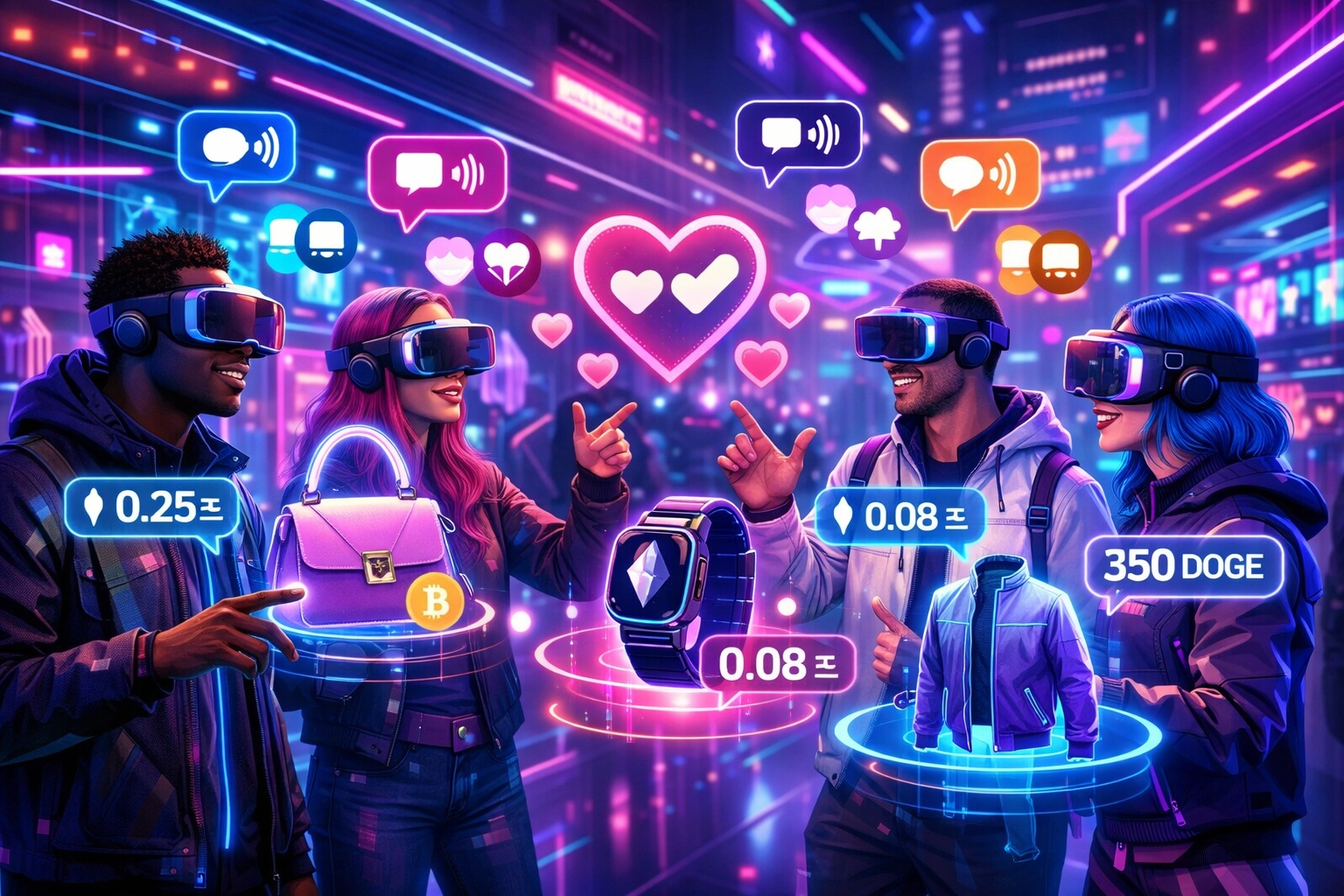 Customers shopping together in VR metaverse storefront with social features and crypto payments