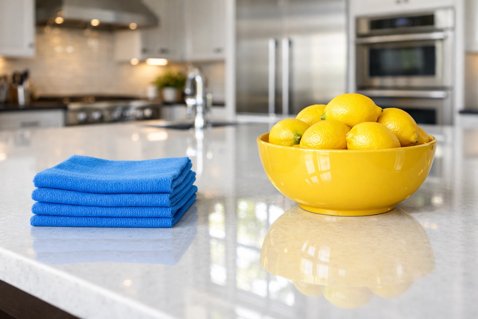 Sparkling clean kitchen quartz countertops after professional weekly house cleaning Natick MA.