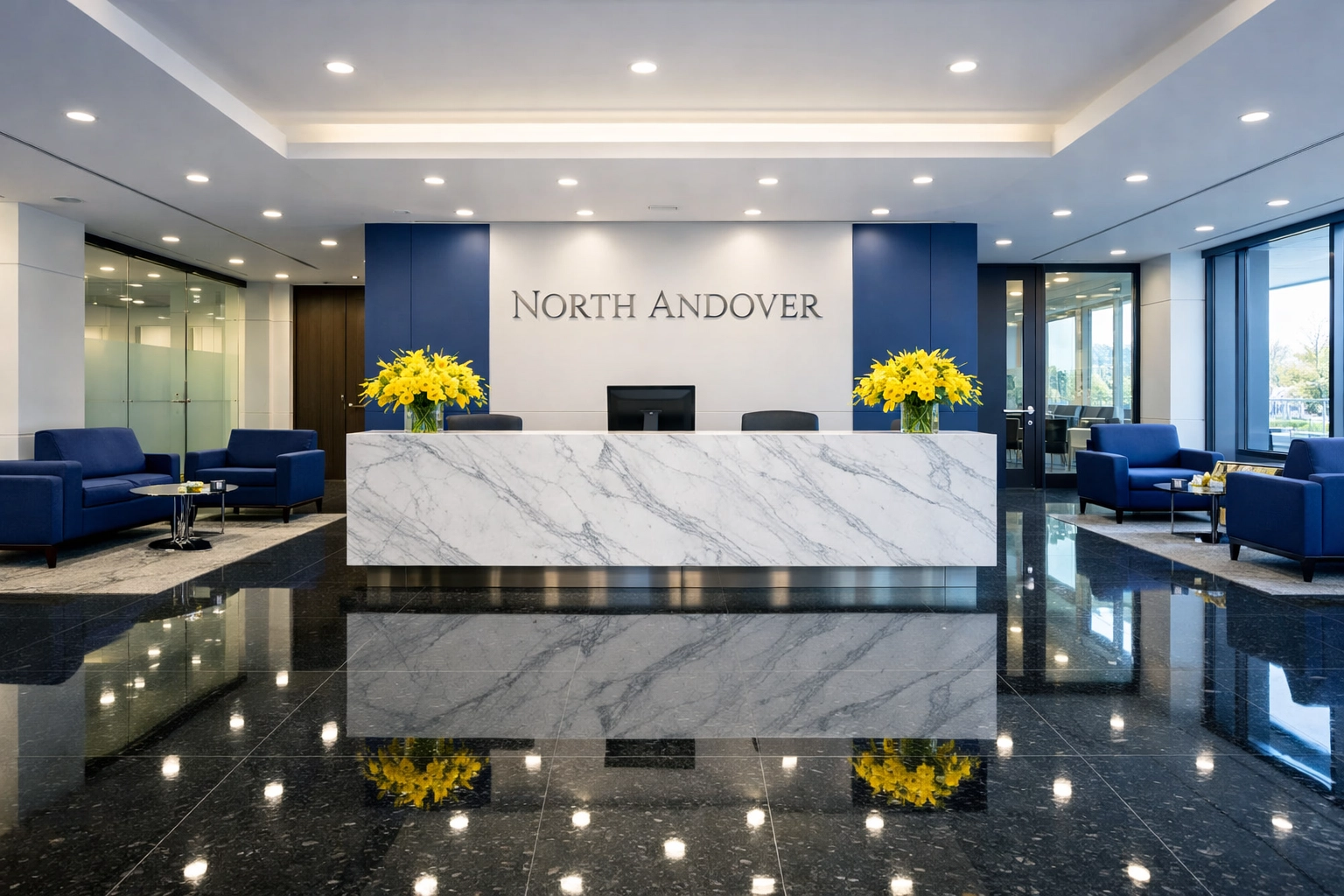 Pristine office reception in North Andover, MA with sparkling floors after commercial cleaning services.