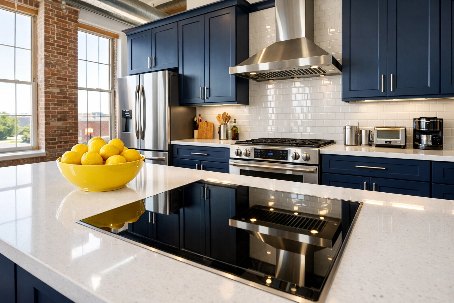 A spotless modern kitchen in a renovated Lowell mill loft after a professional deep cleaning Lowell service.
