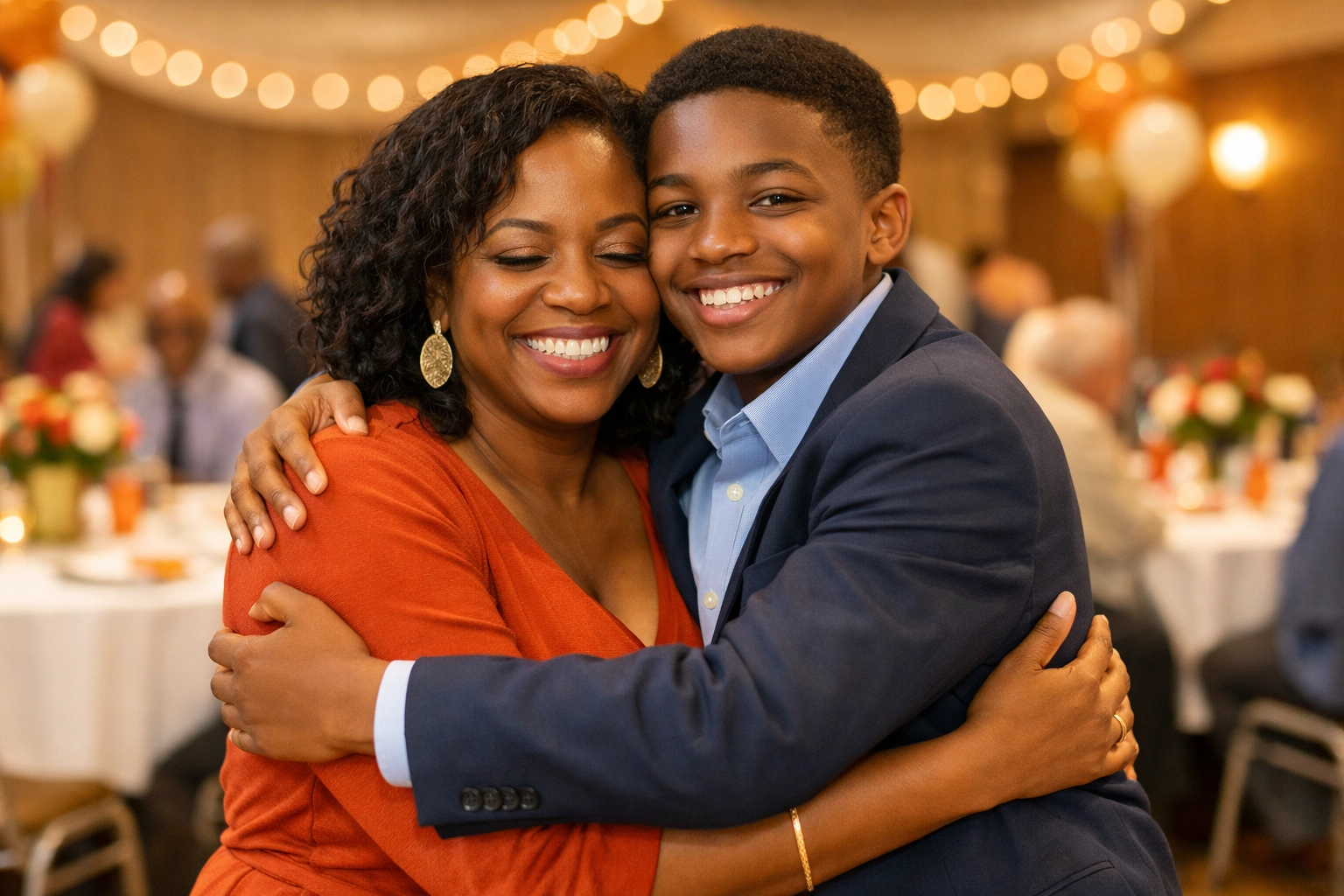 Mother and son sharing a joyful moment at an indoor semi-formal community celebration, honoring dignity and togetherness.