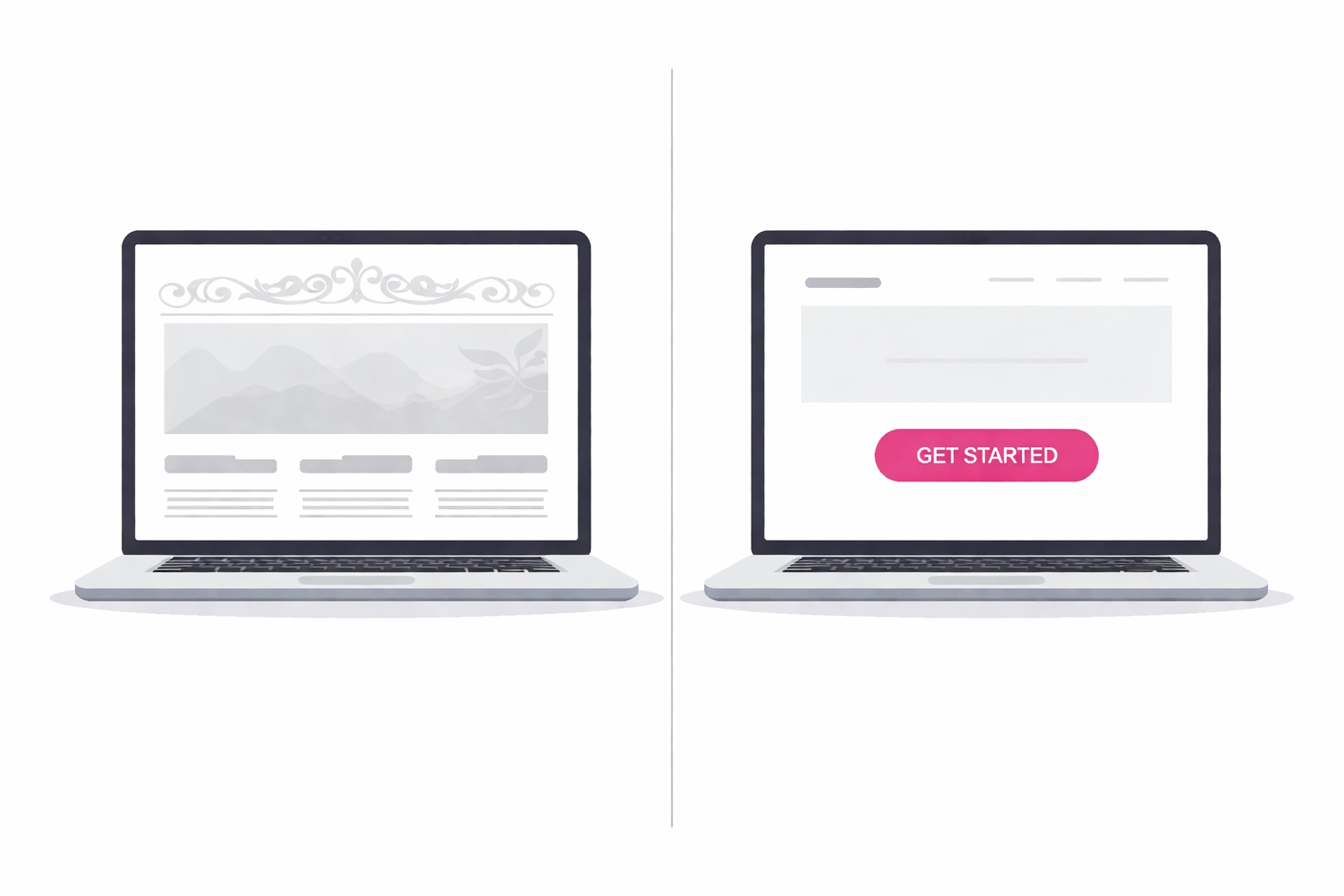 Comparison of decorative website design versus simple layout with clear call-to-action button