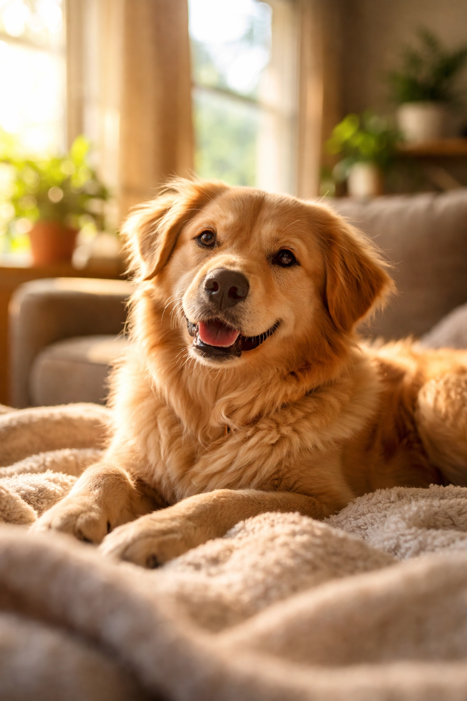 Foster dog relaxing on a blanket in a cozy living room, showing the comfort of fostering rescue dogs at home