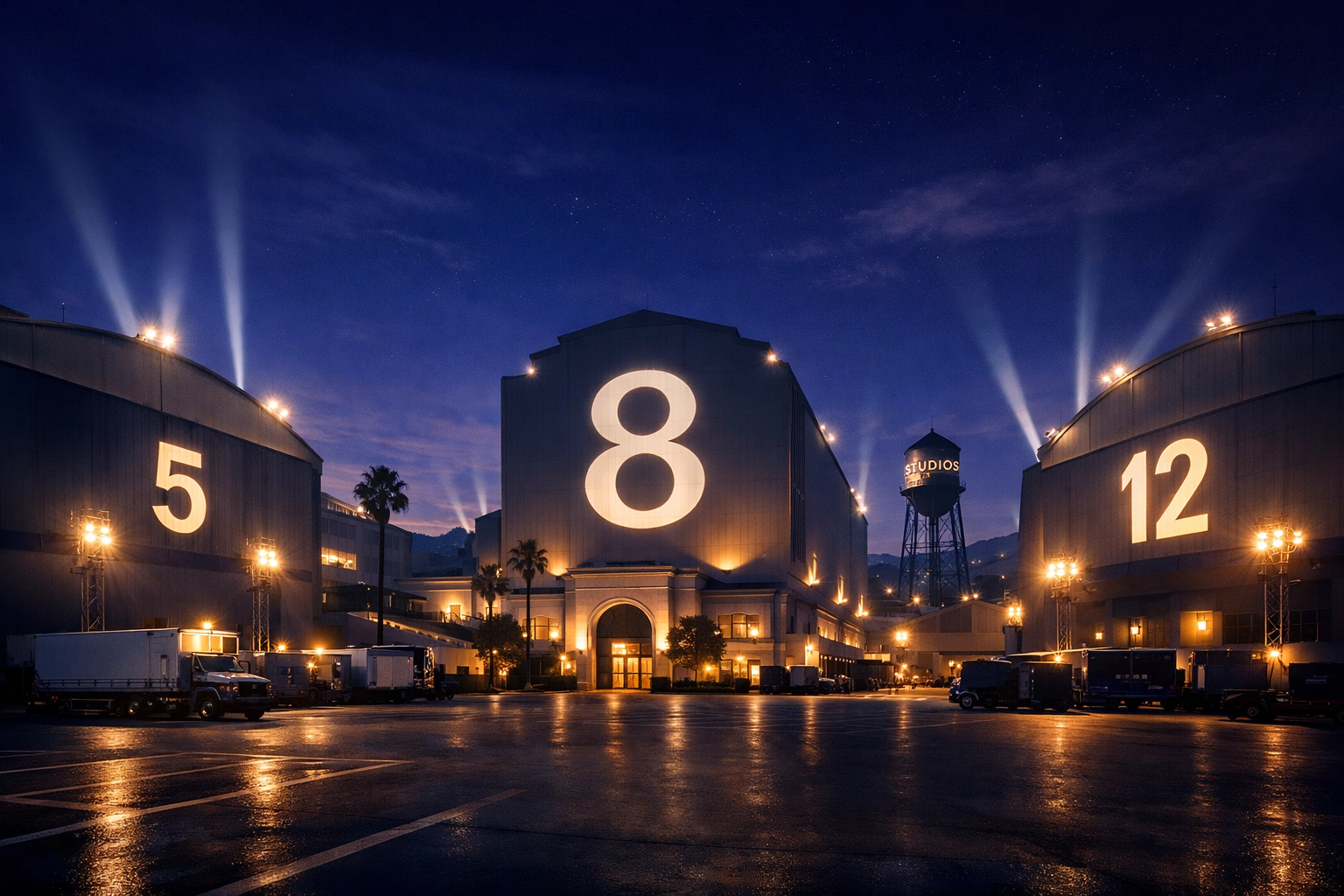 Cinematic view of motion picture studio soundstages representing Tunes On Top global partnerships.