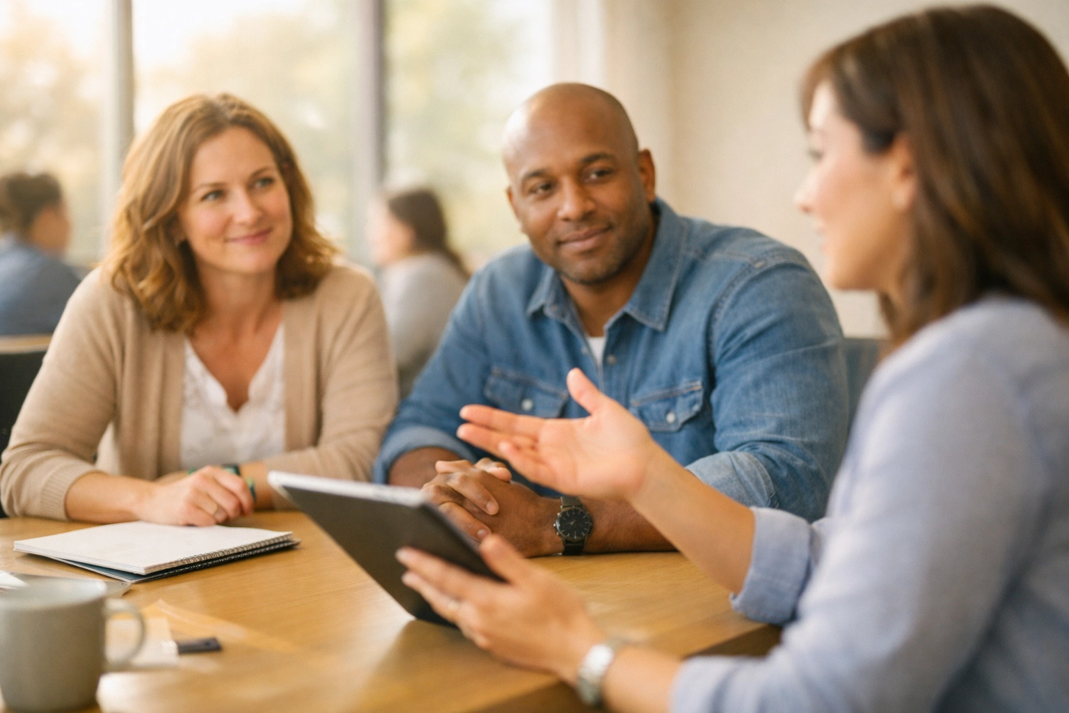 IEP team meeting with ABA therapist, parent, and teacher collaborating in Georgia