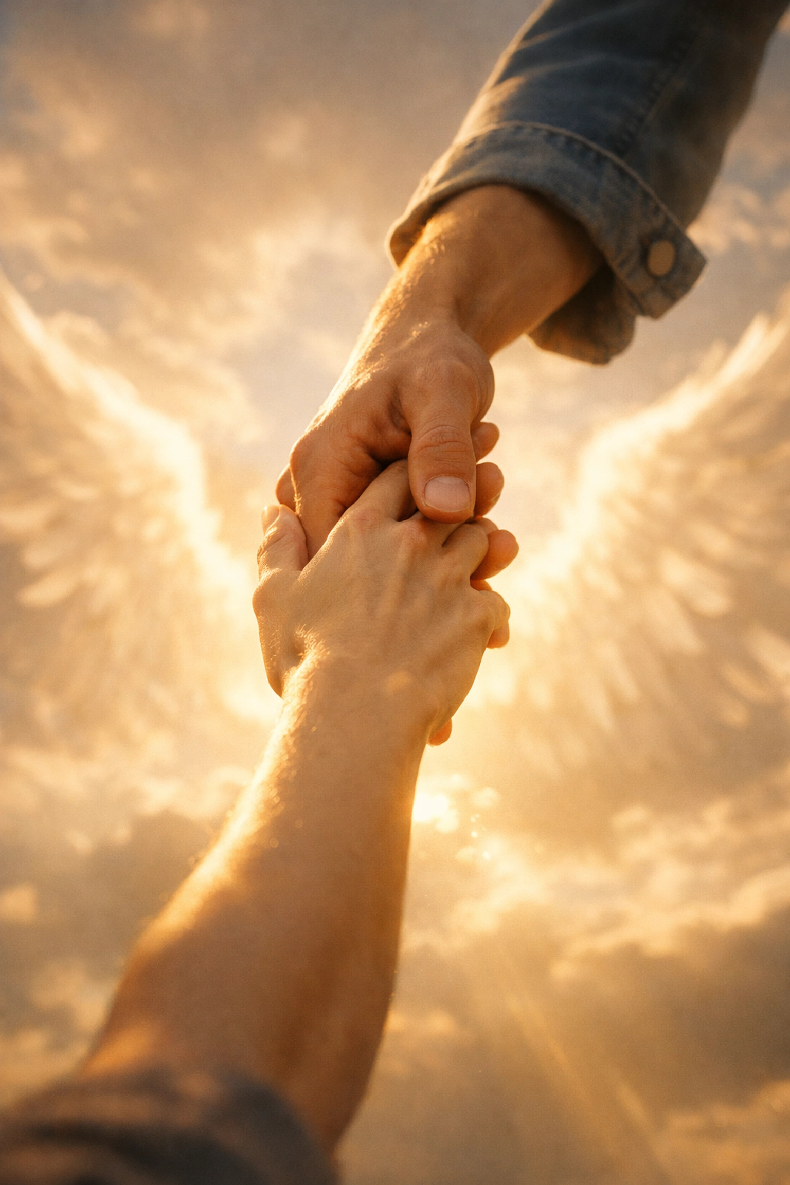 Helping hands reaching toward heaven showing angels witnessing acts of kindness
