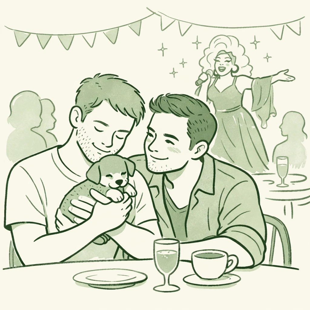 Gay couple holding rescue puppy at LGBTQ+ drag brunch fundraiser for animal shelter