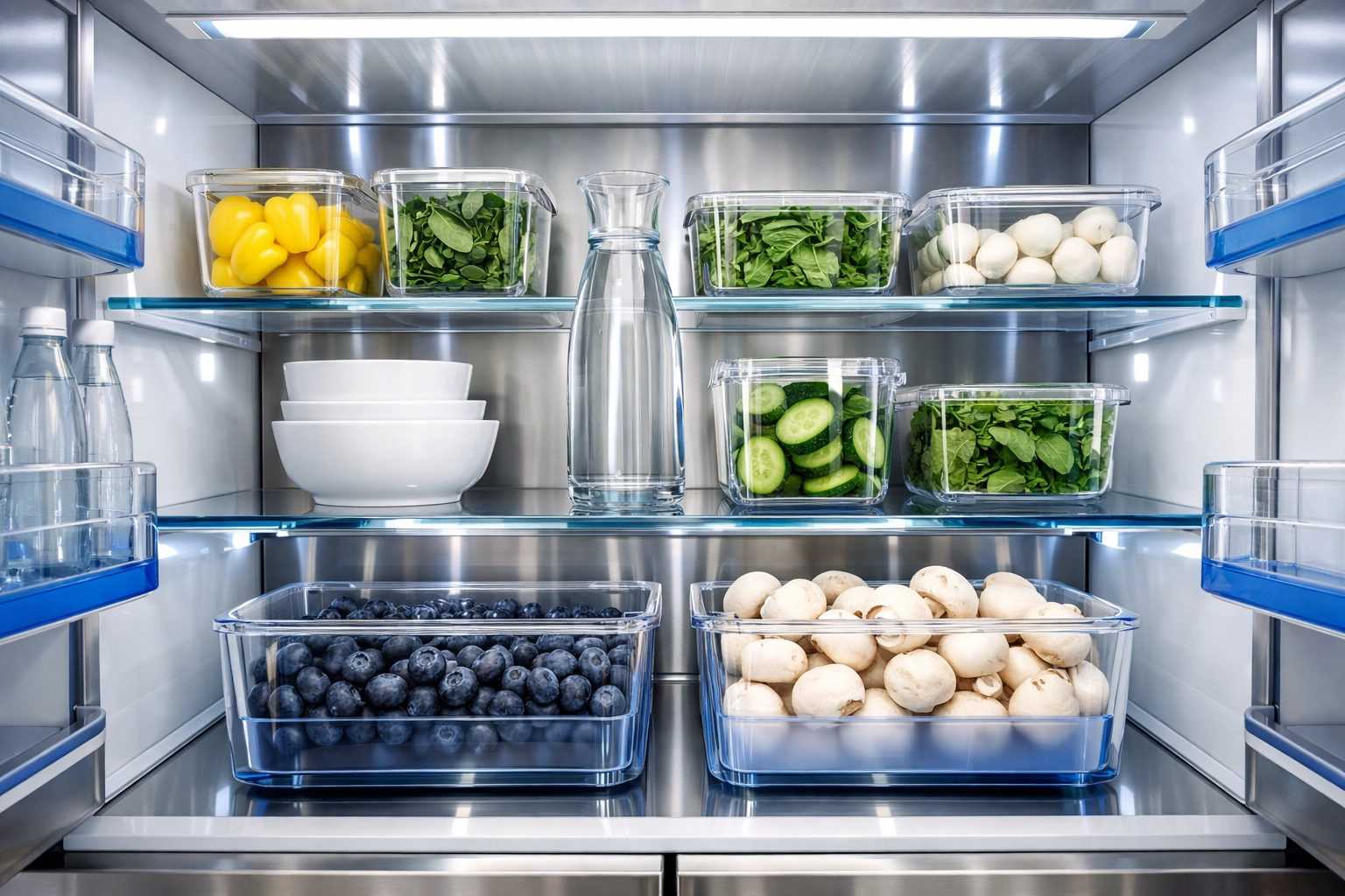 Organized refrigerator with clear containers on sparkling clean glass shelves.