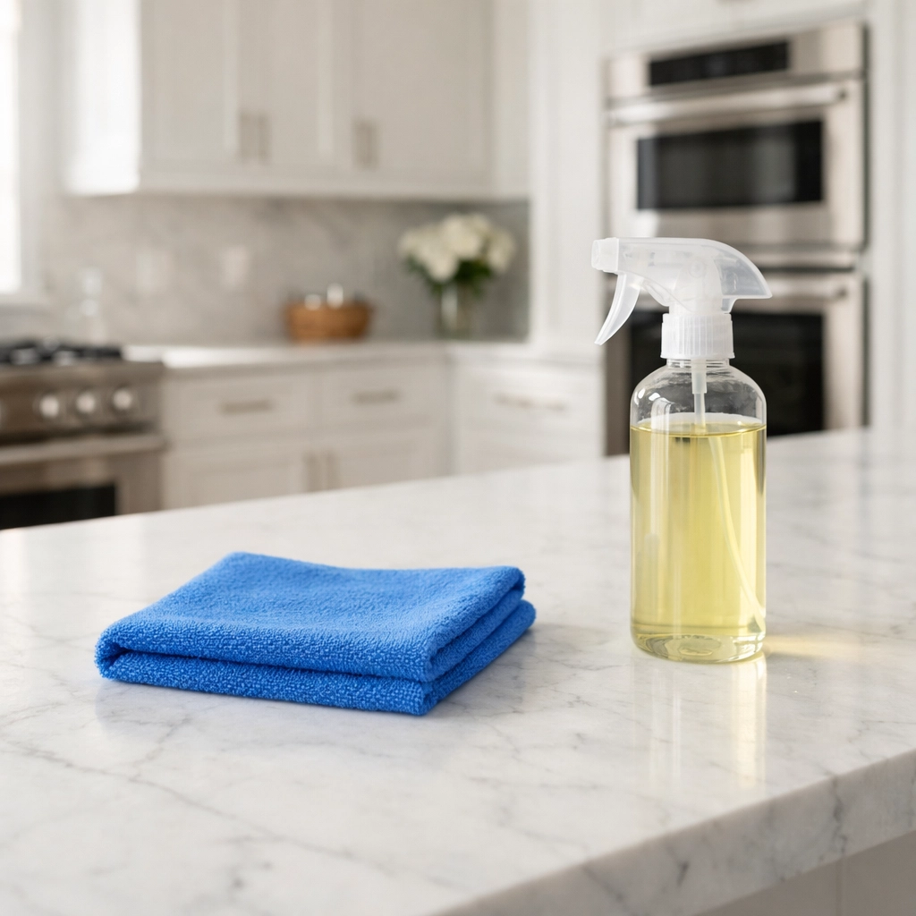 Microfiber cloth and cleaning spray on a marble counter for professional House Cleaning Townsend MA.