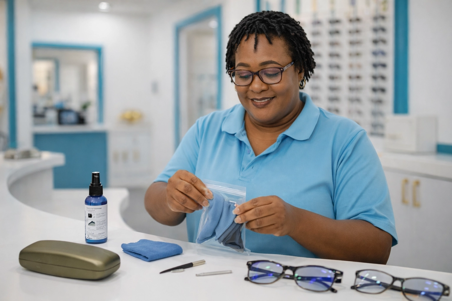Cynthia preparing a premium eyewear care kit with lens spray, microfiber cloth and hard case at Bèl Zyé Eye Care, eye exam Saint Lucia and glasses Saint Lucia