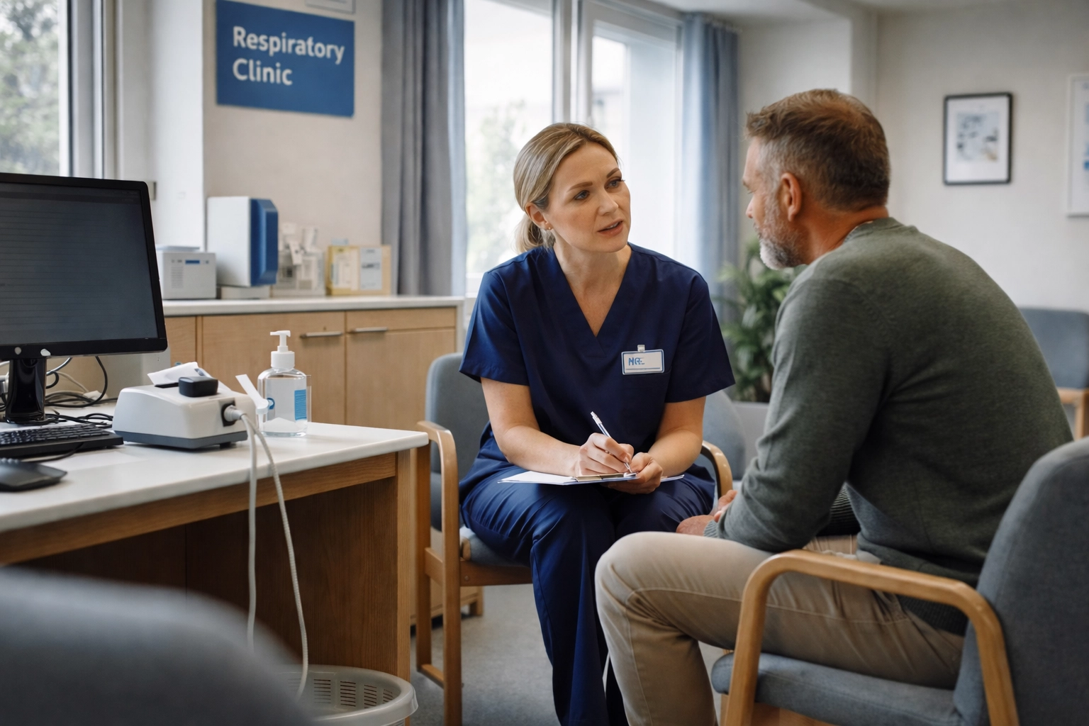 NHS respiratory nurse consulting with a patient in a modern clinic setting