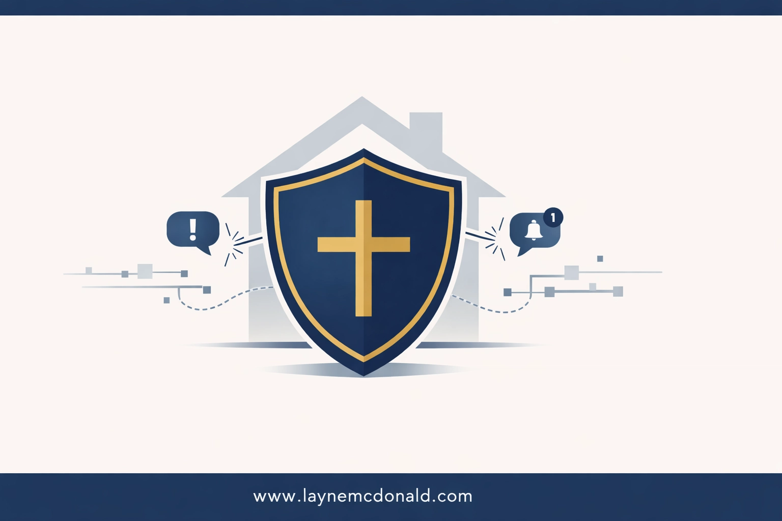 A shield with a cross guarding a house from digital signals, symbolizing faith-based digital stewardship.