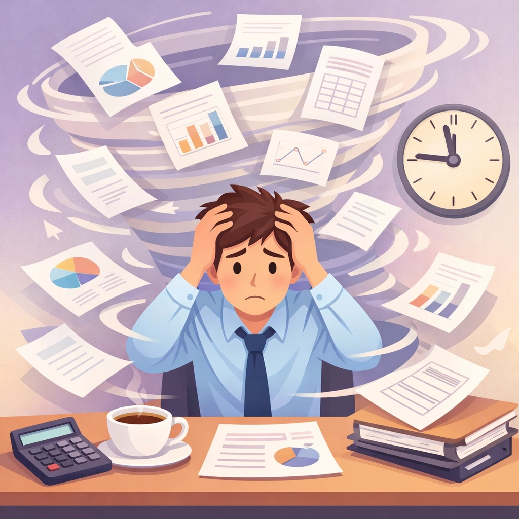 Business owner stressed by invoicing chaos from disconnected CRM and project management tools
