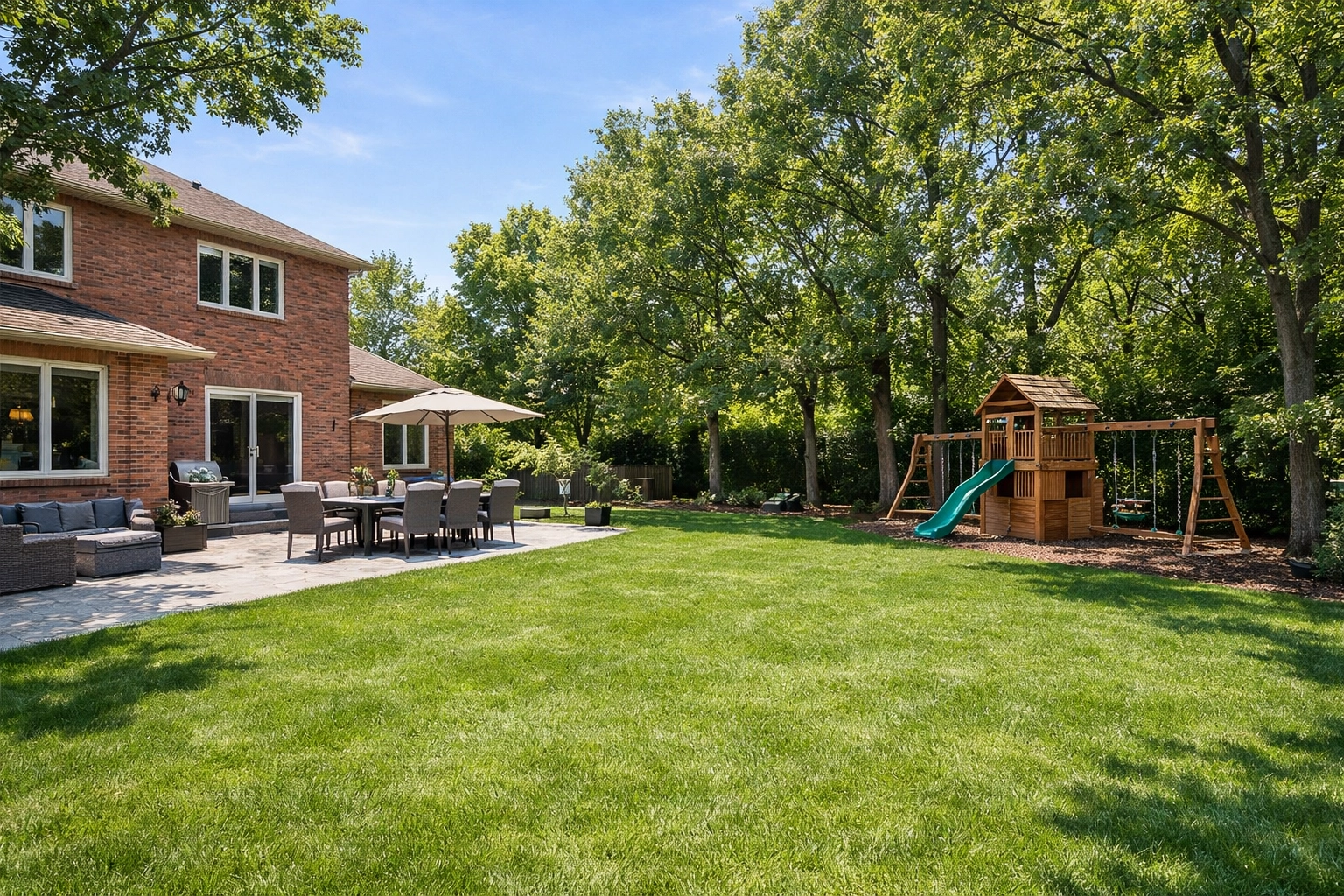 Large private backyard with a patio and lawn, ideal for families buying houses in Newmarket.