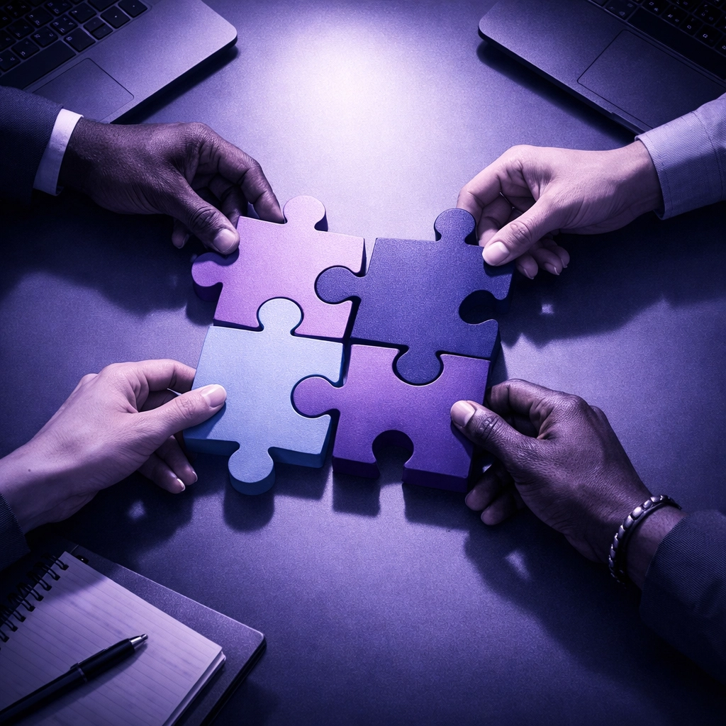 Team members arranging puzzle pieces representing IT project team alignment and collaboration