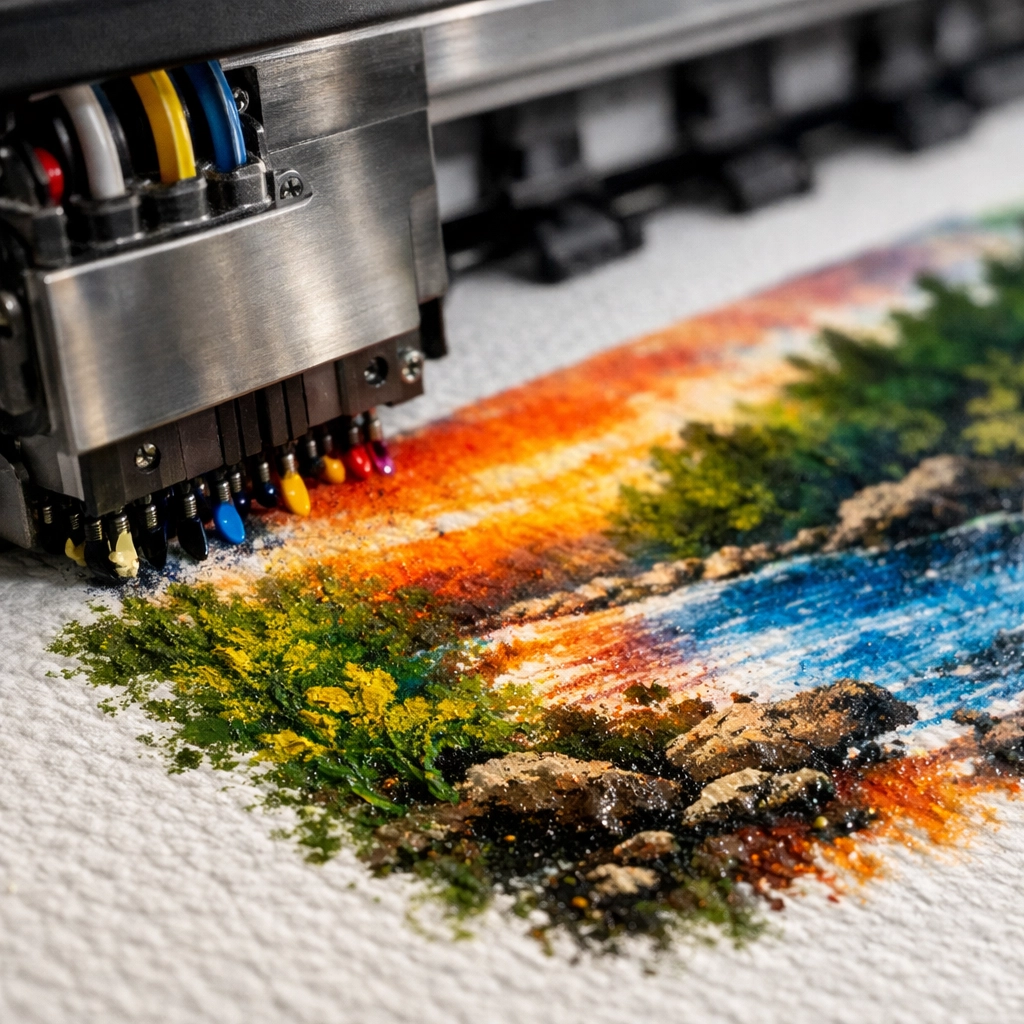 Professional pigment printer creating high-end museum quality prints on archival cotton rag paper.