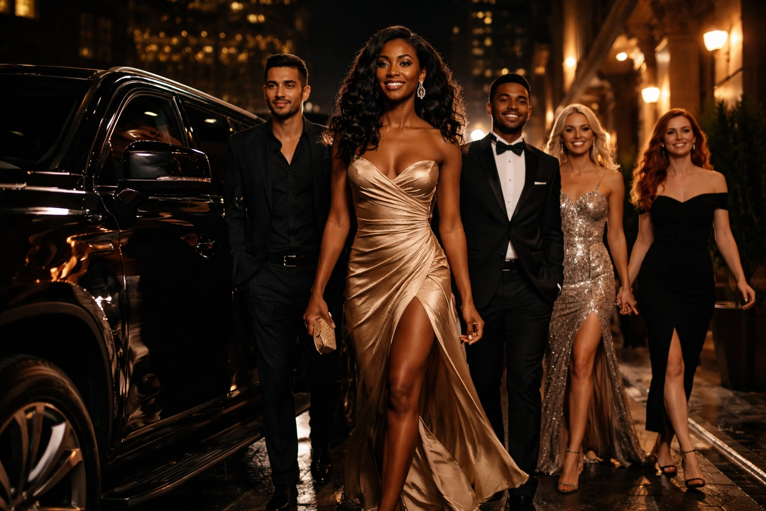 Elegant, diverse guests stepping out of a black luxury SUV at night for a sophisticated urban event arrival.