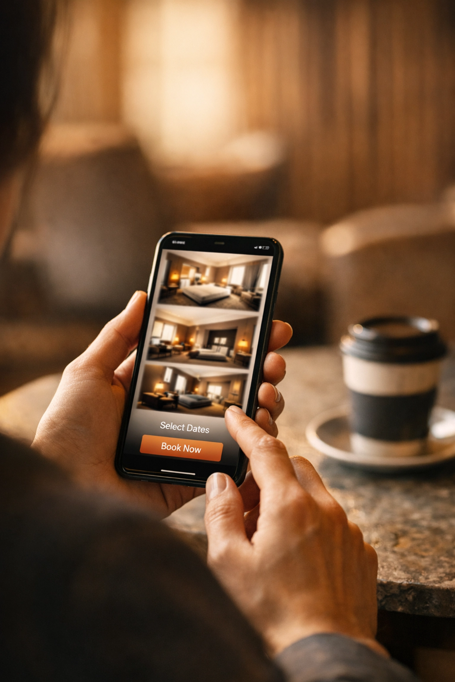 Guest using a mobile booking engine on a smartphone to access loyalty perks and direct rates.