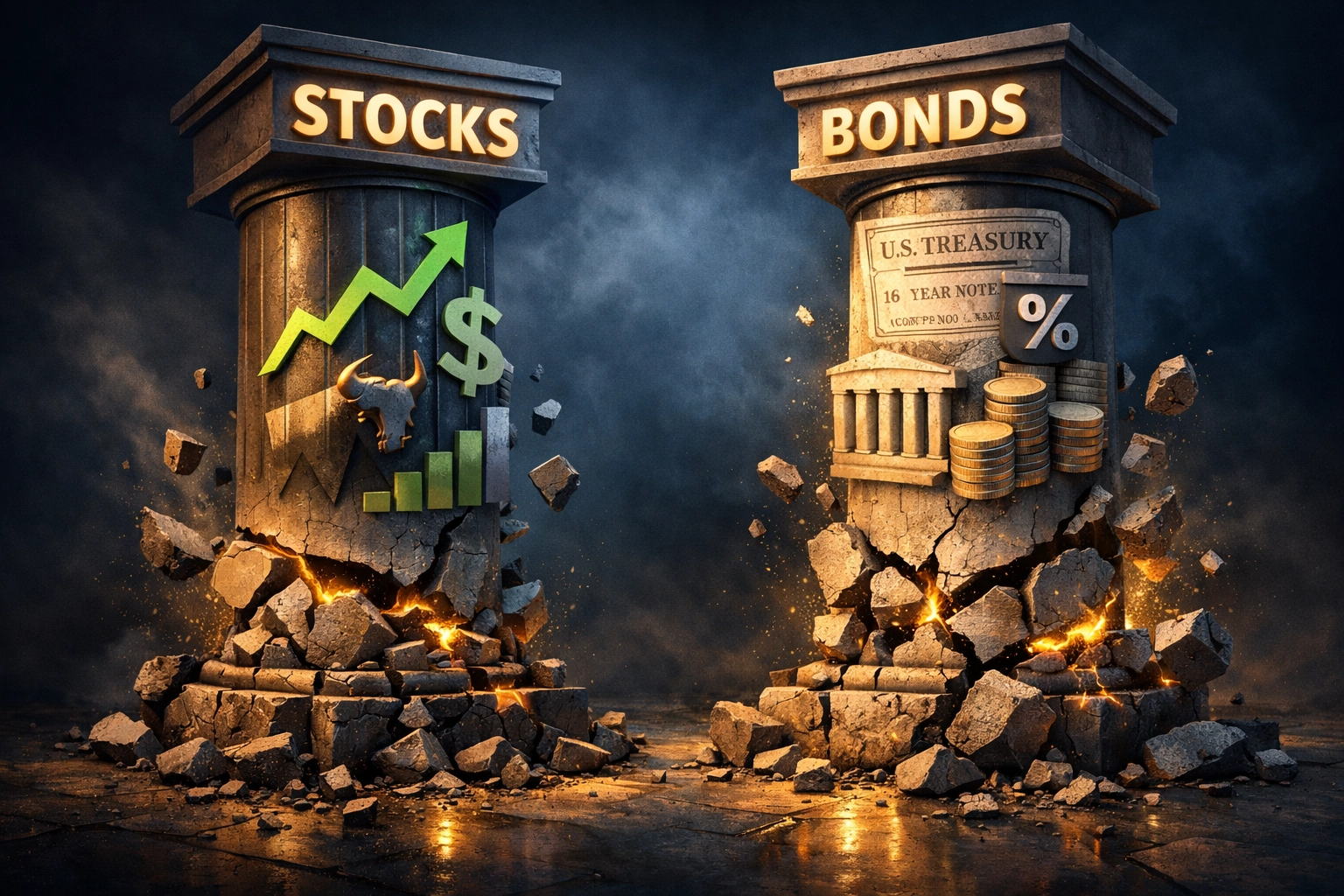 Traditional 60/40 portfolio visualization showing stocks and bonds both declining simultaneously