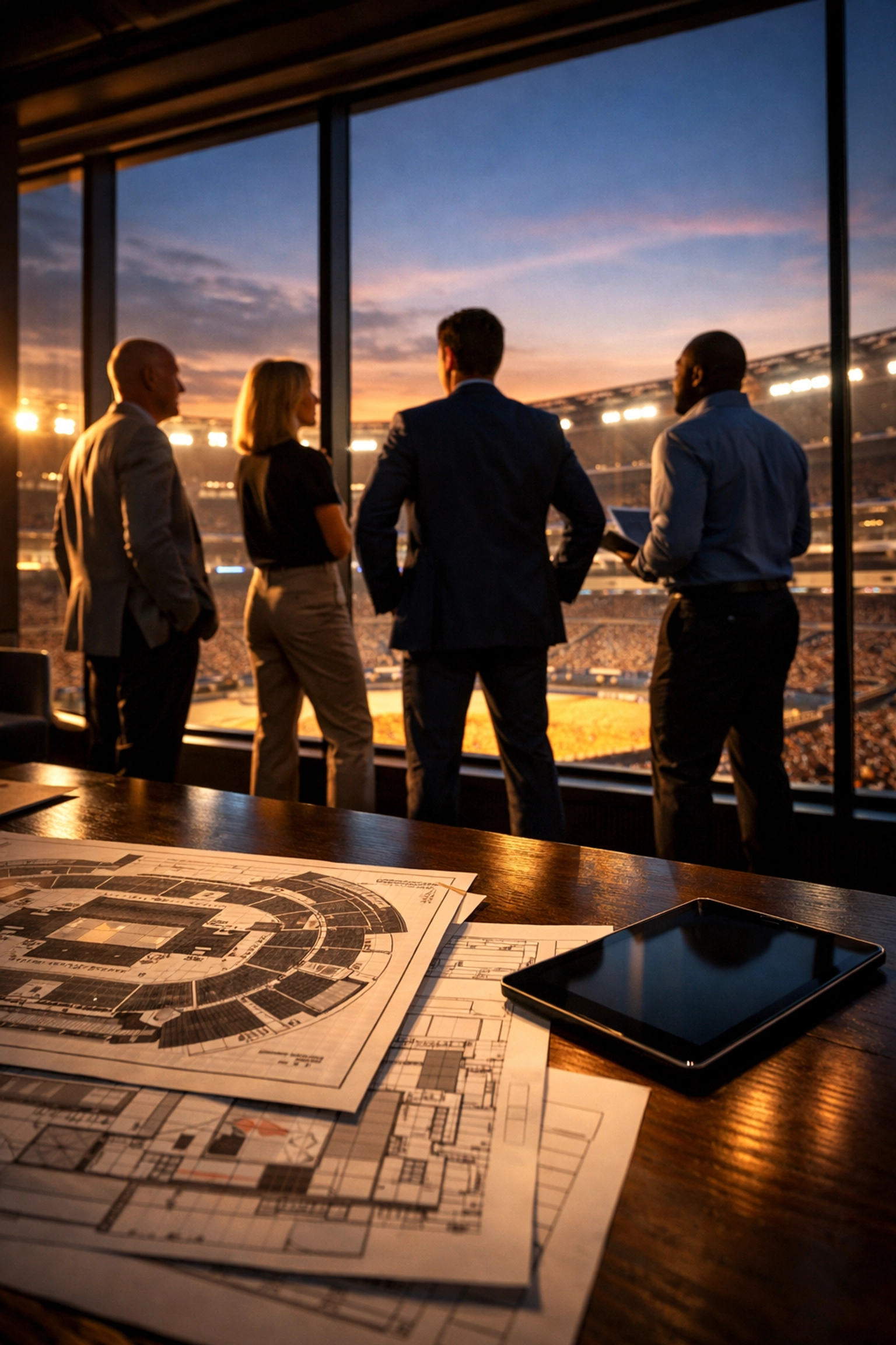 Business consultants overlooking a stadium while planning tangible fan experiences for Super Bowl 2026.