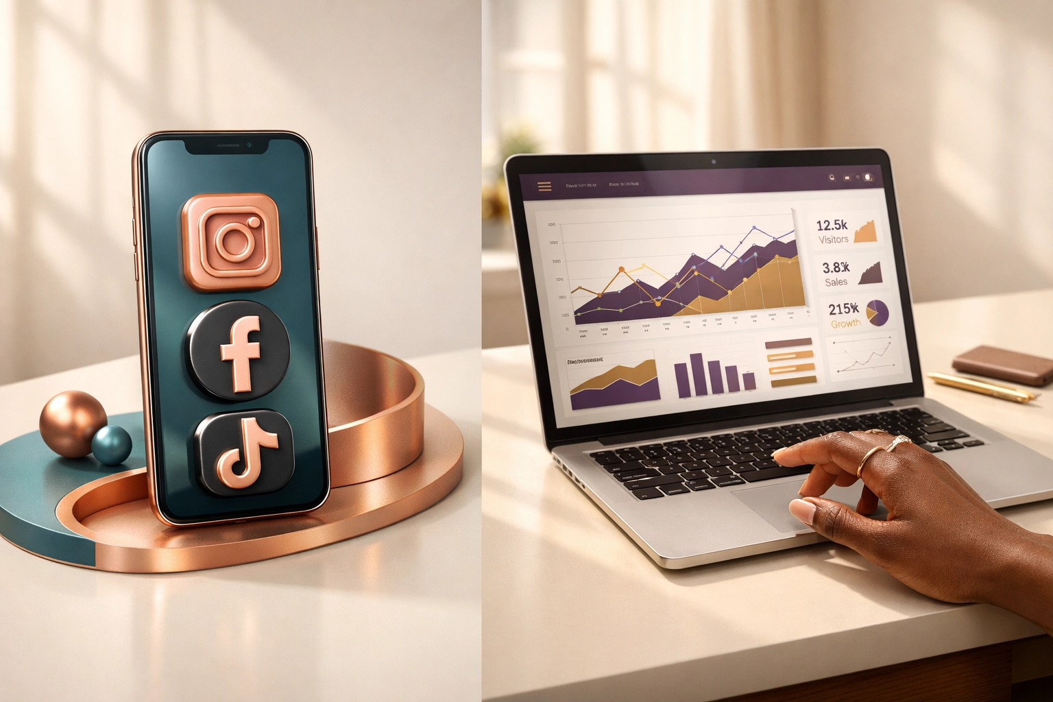 Digital marketing strategy versus social media marketing illustrated with laptop analytics and smartphone apps