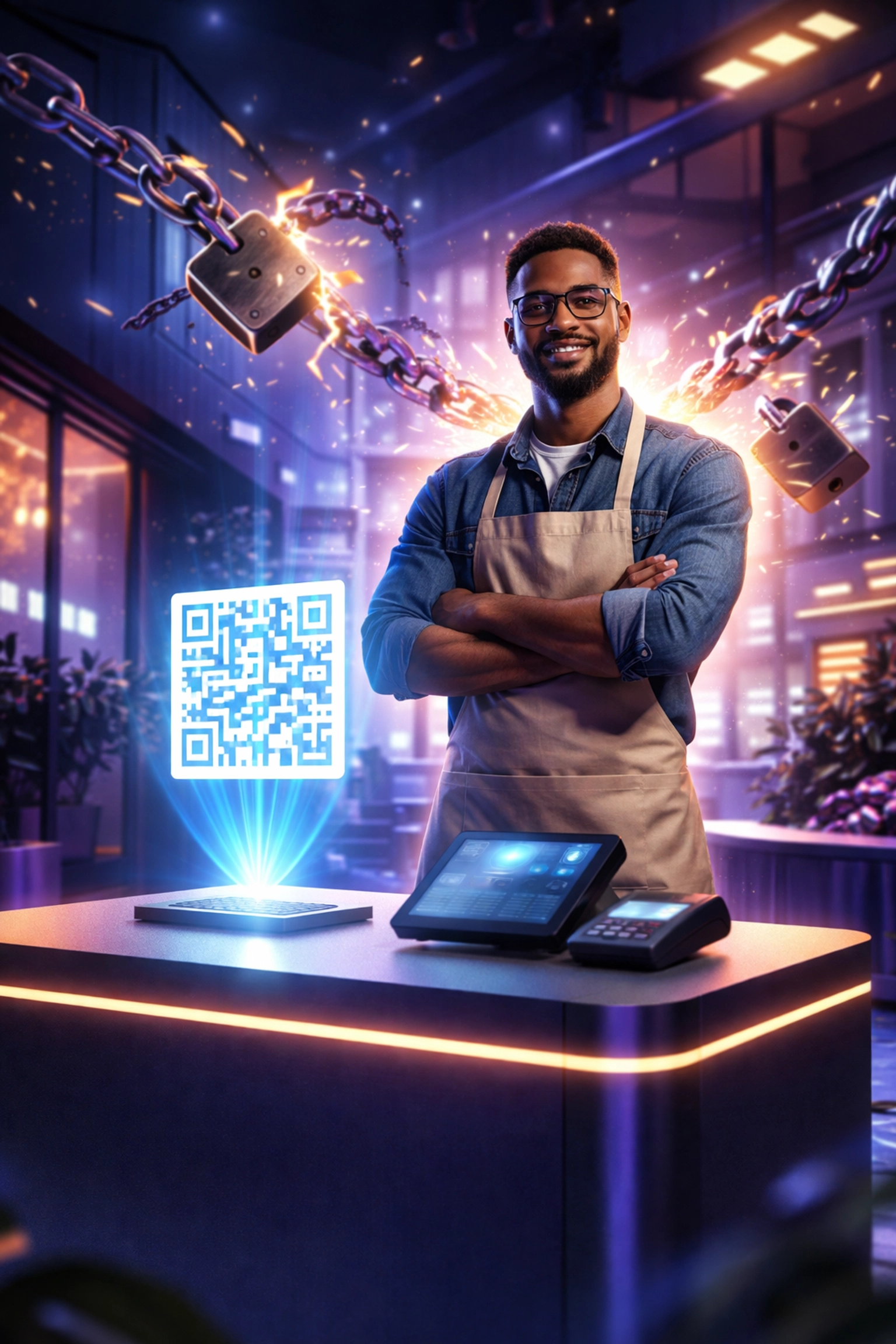 Small business owner at a digital checkout with a glowing QR code, symbolizing decentralized crypto POS freedom.