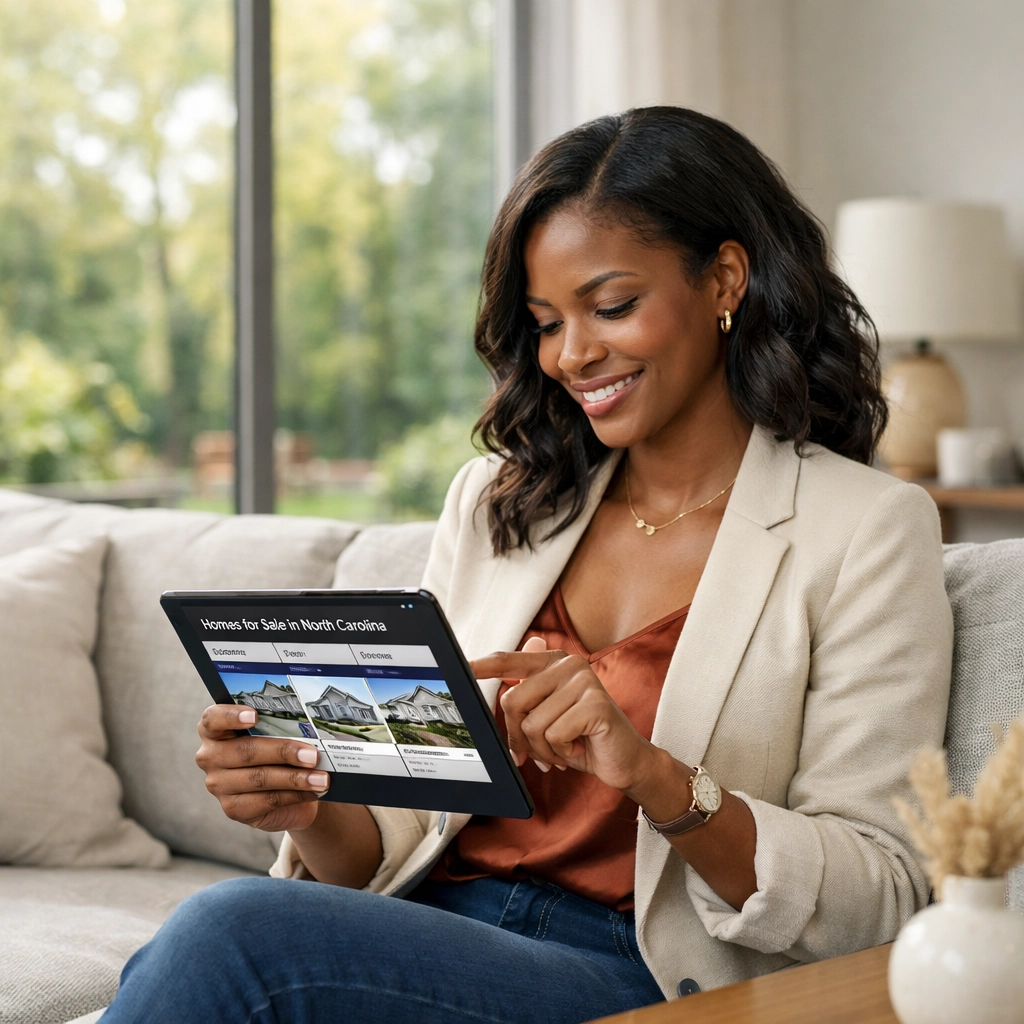 Woman searching virtual home tours in NC on a tablet in a modern living room.