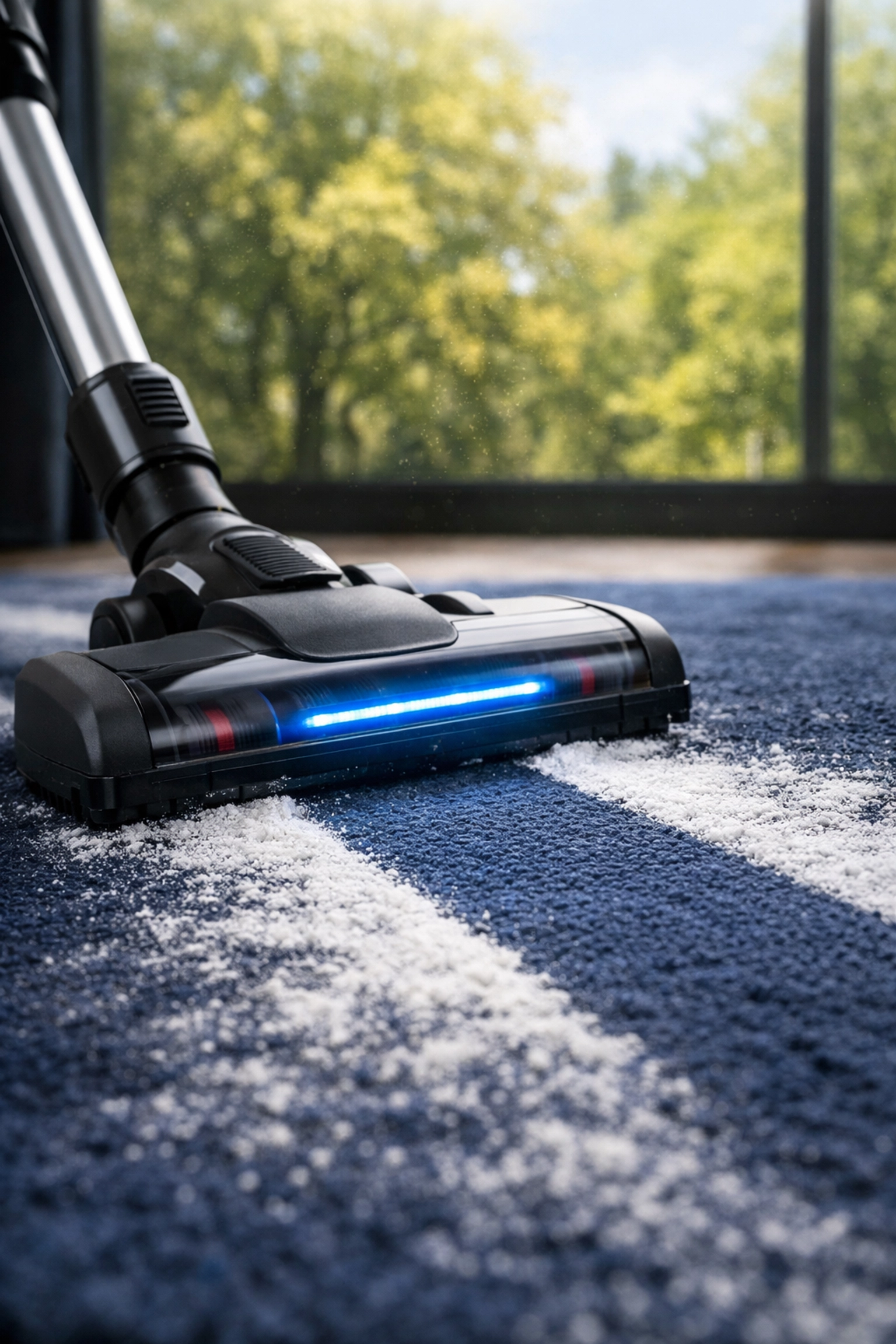 Professional vacuum with HEPA filtration cleaning a rug in a Concord home to remove microscopic allergens.