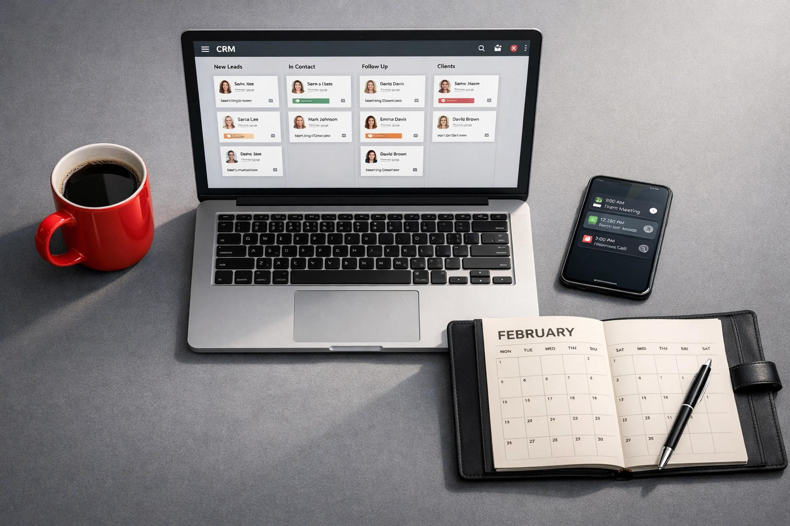 Real estate agent workspace with CRM database for spring market preparation