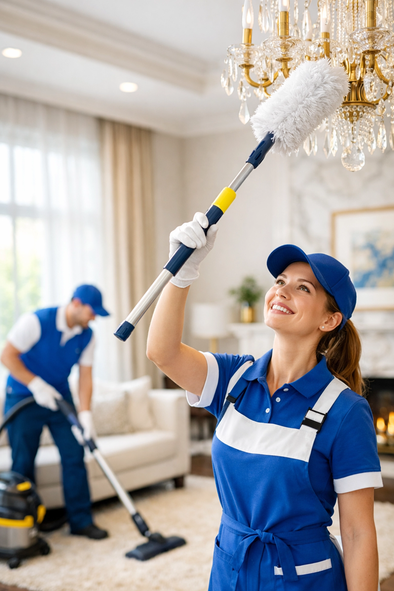 Professional team performing thorough house cleaning Westford services in a high-end living room.