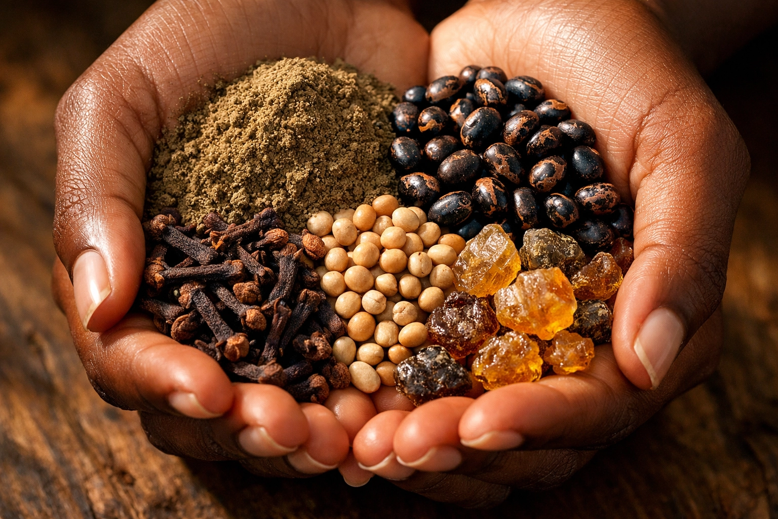 Hands holding Chebe botanicals including chebe powder, croton seeds, cloves, mahllab, and resins for an ancestral 4C hair ritual.
