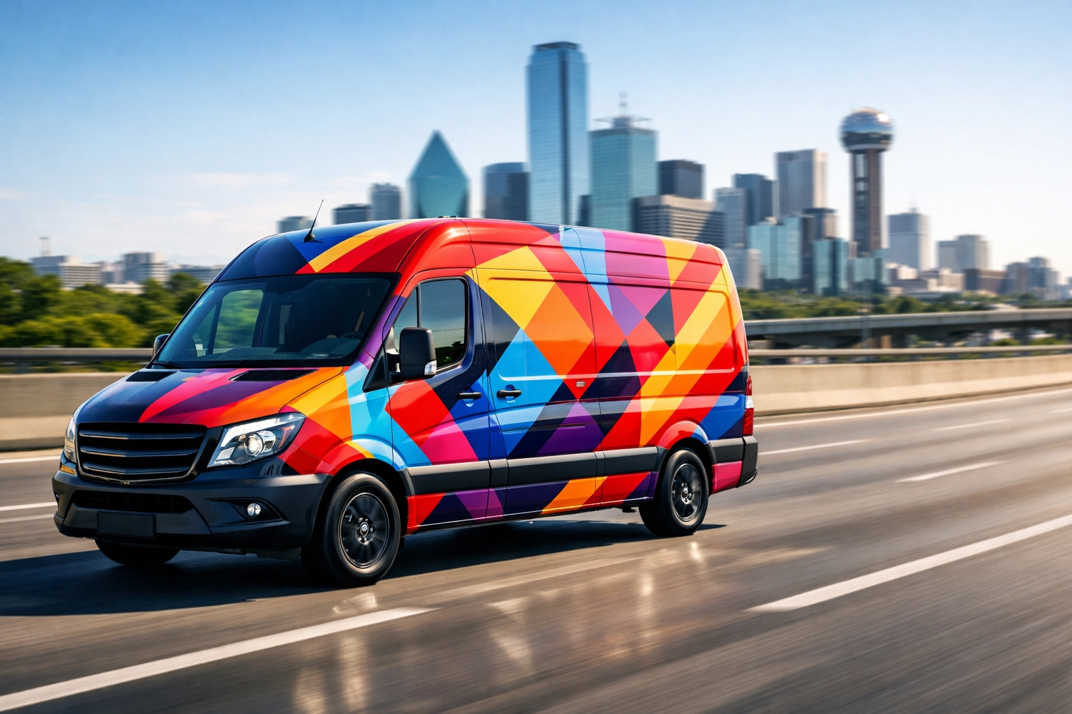 Commercial delivery van with a vibrant vinyl wrap driving on a Dallas highway.