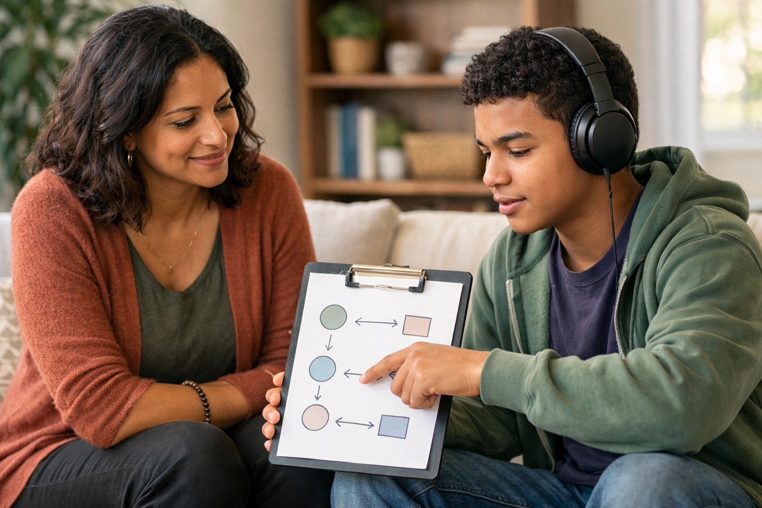 Inclusive neurodiversity support coaching scene with a compassionate coach and a teen practicing self-advocacy with a simple written plan.